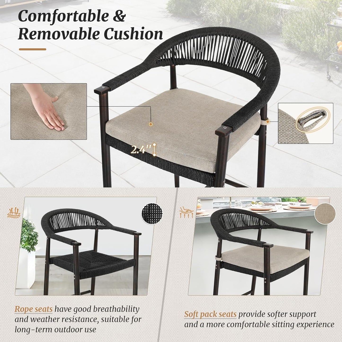 Bar Stools Set of 4, 24.8'' Aluminum Outdoor Bar Stool with Removable Cushion, Boho Rattan BarStools, Olefin Rope Woven Bar Chairs with Footrest for Patio, Garden, Pool, Kitchen, Black