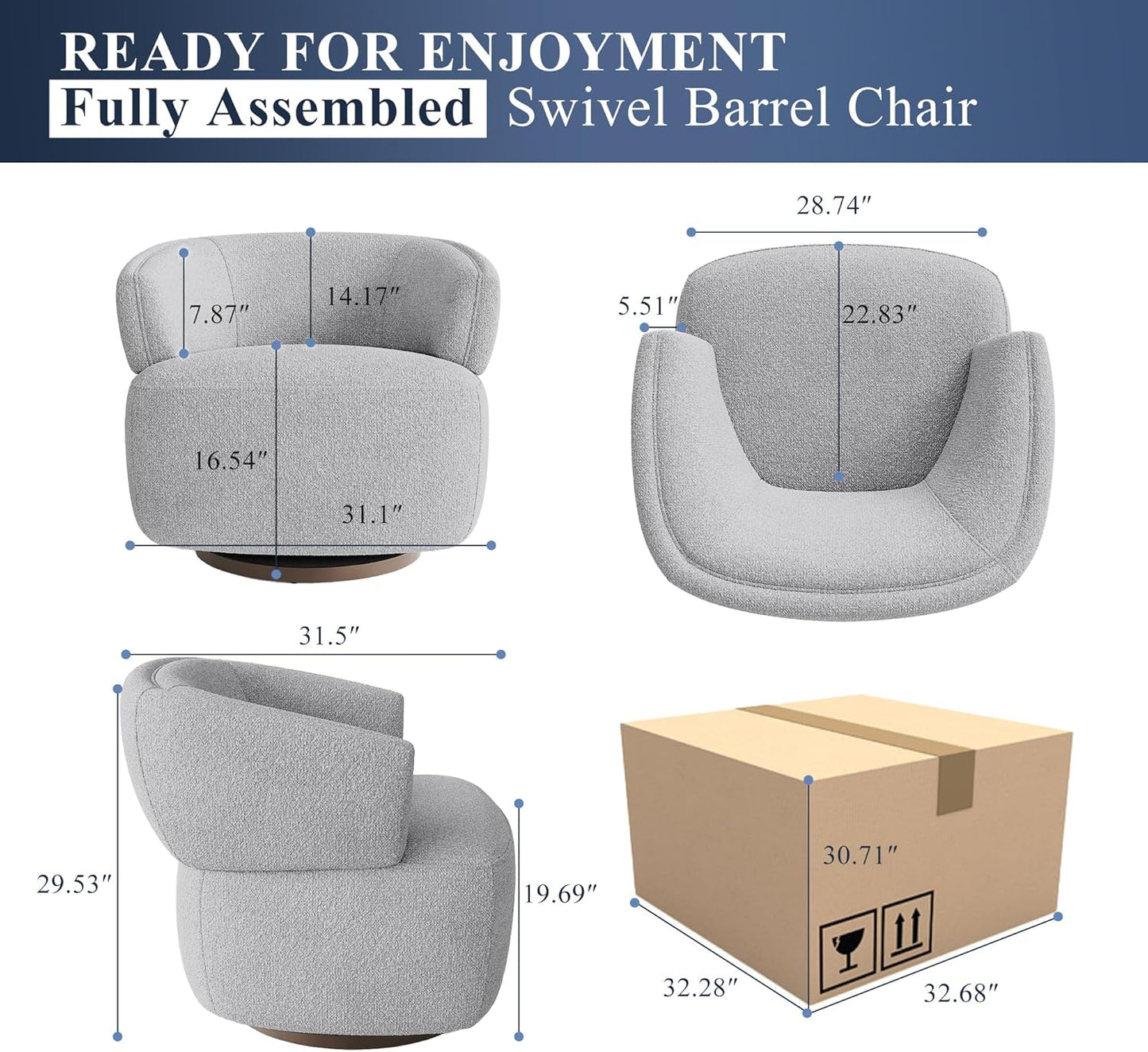 Swivel Accent Chair, Fully Assembled Round Barrel Chairs, Oversized Upholstered Armchair with 360-Degree Base, Modern Club Chair for Living Room, Bedroom, Office, Grey