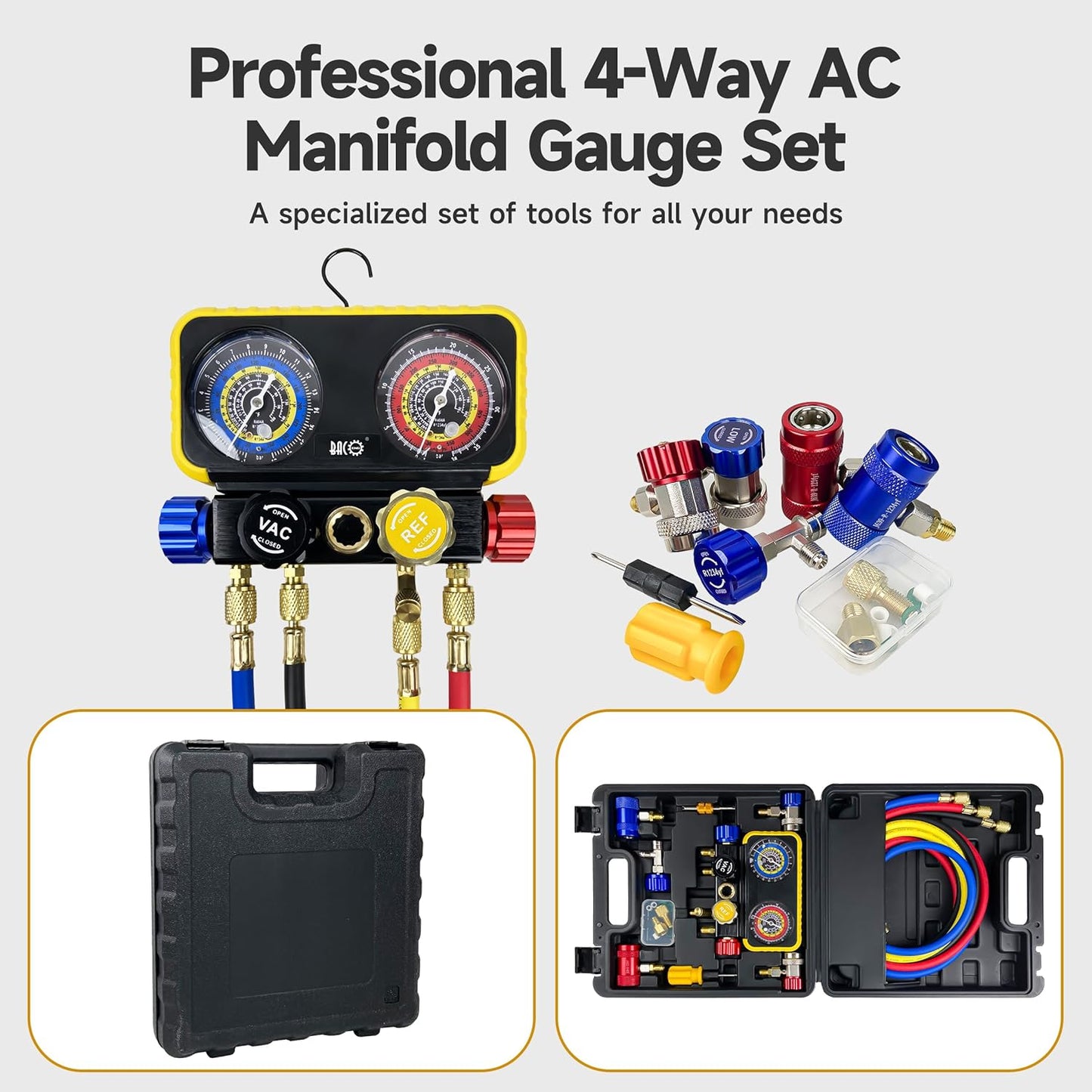 BACOENG AC R1234YF Gauge Set, Automotive 4 Way R1234yf Refrigerant Recharge Kit, R134A AC Manifold Gauge Set with 5FT Hoses for Car Charging and Evacuation