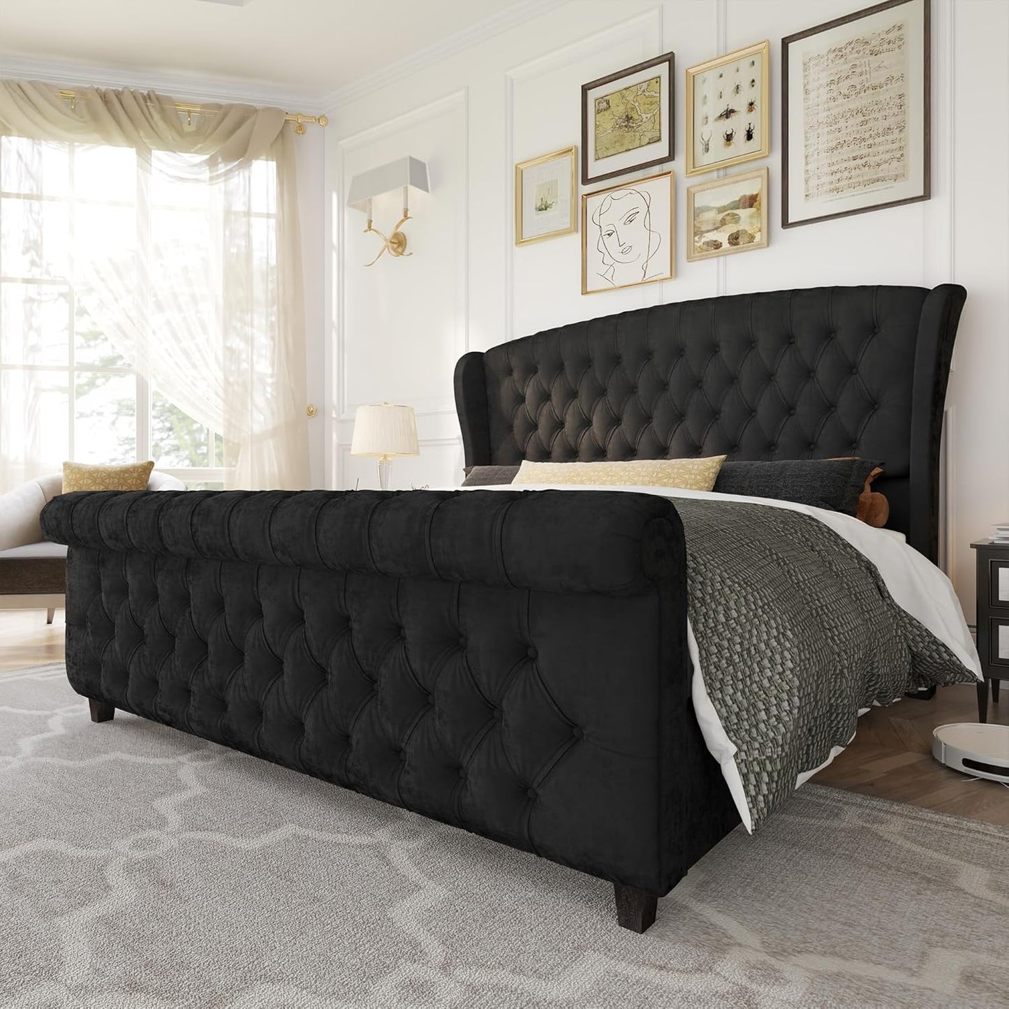 AMERLIFE Queen Size Platform Bed Frame, Chenille Upholstered Sleigh Bed with Scroll Wingback Headboard & Footboard/Button Tufted/No Box Spring Required/Cream