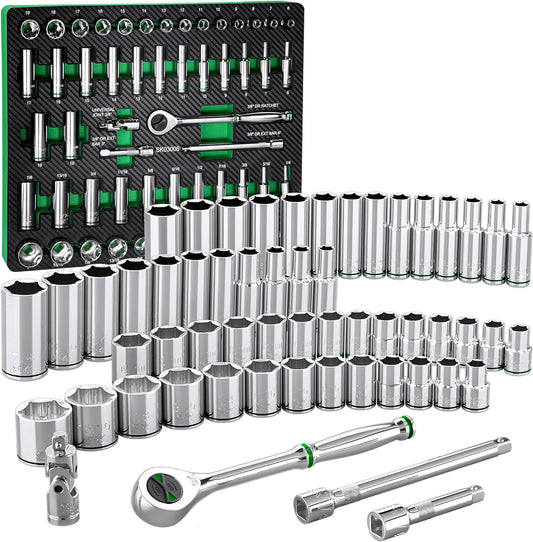 SK 3/8" Drive Socket Set with 160-P Ratchet, 56-Piece, SAE & Metric, SuperKrome Finish, Premium CR-V Construction, with EVA Foam Tool Organizer