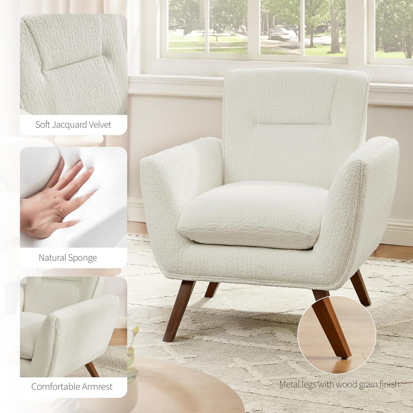 Art Leon Modern Accent Arm Chair - Fabric Upholstered Single Sofa Lounge with Wood Grain Metal Legs for Living Room Bedroom, White