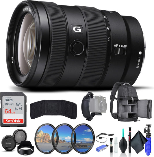 Sony E 16–55mm F2.8 G Standard Zoom Lens (SEL1655G) – APS-C E-Mount | Constant F2.8 Aperture | G Lens Optics | Filter Kit, Backpack, 64GB Card, Card Reader, Flex Tripod, Memory Card Wallet and More