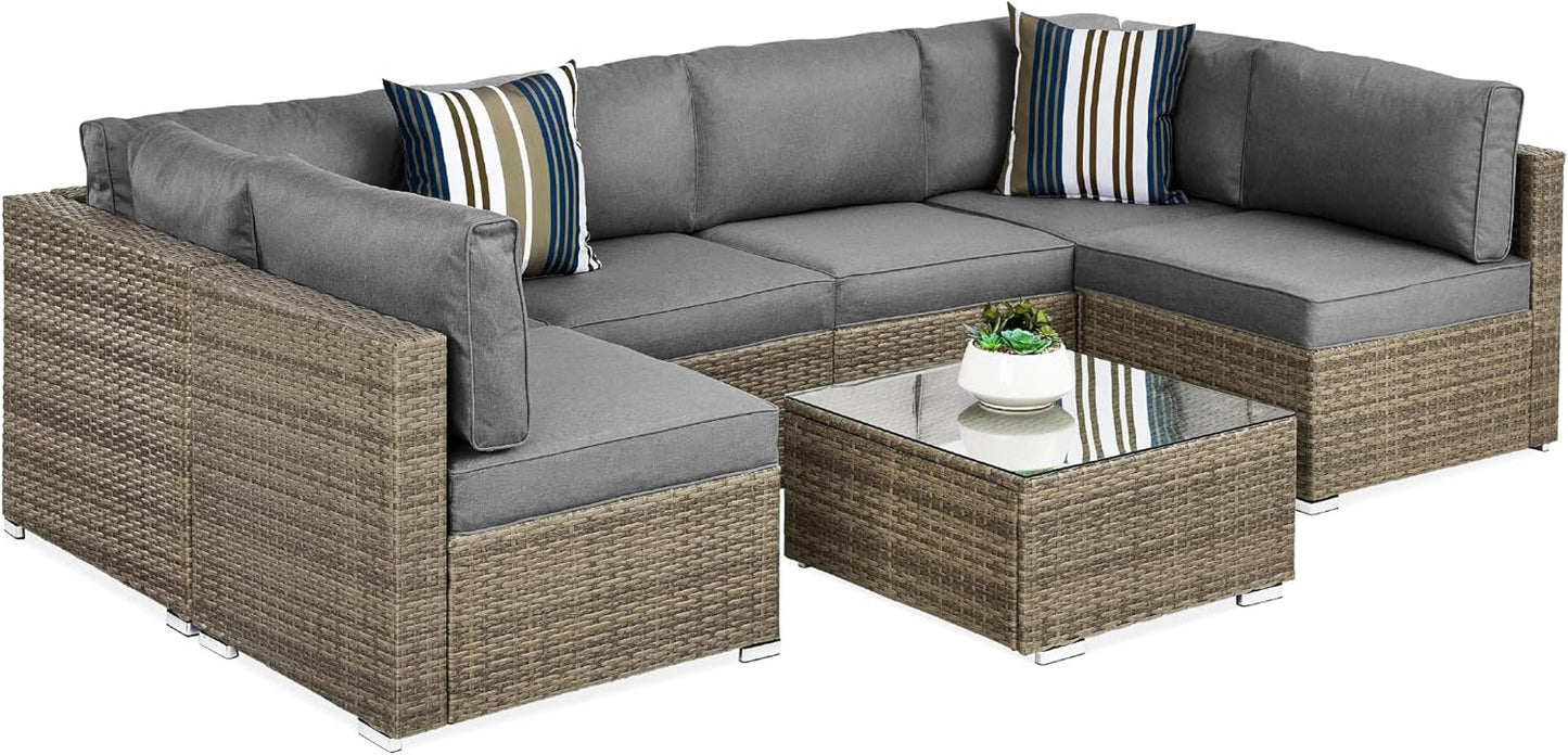 Best Choice Products 7-Piece Modular Outdoor Sectional Wicker Patio Conversation Set w/ 2 Pillows, Coffee Table, Cover Included - Gray/Gray