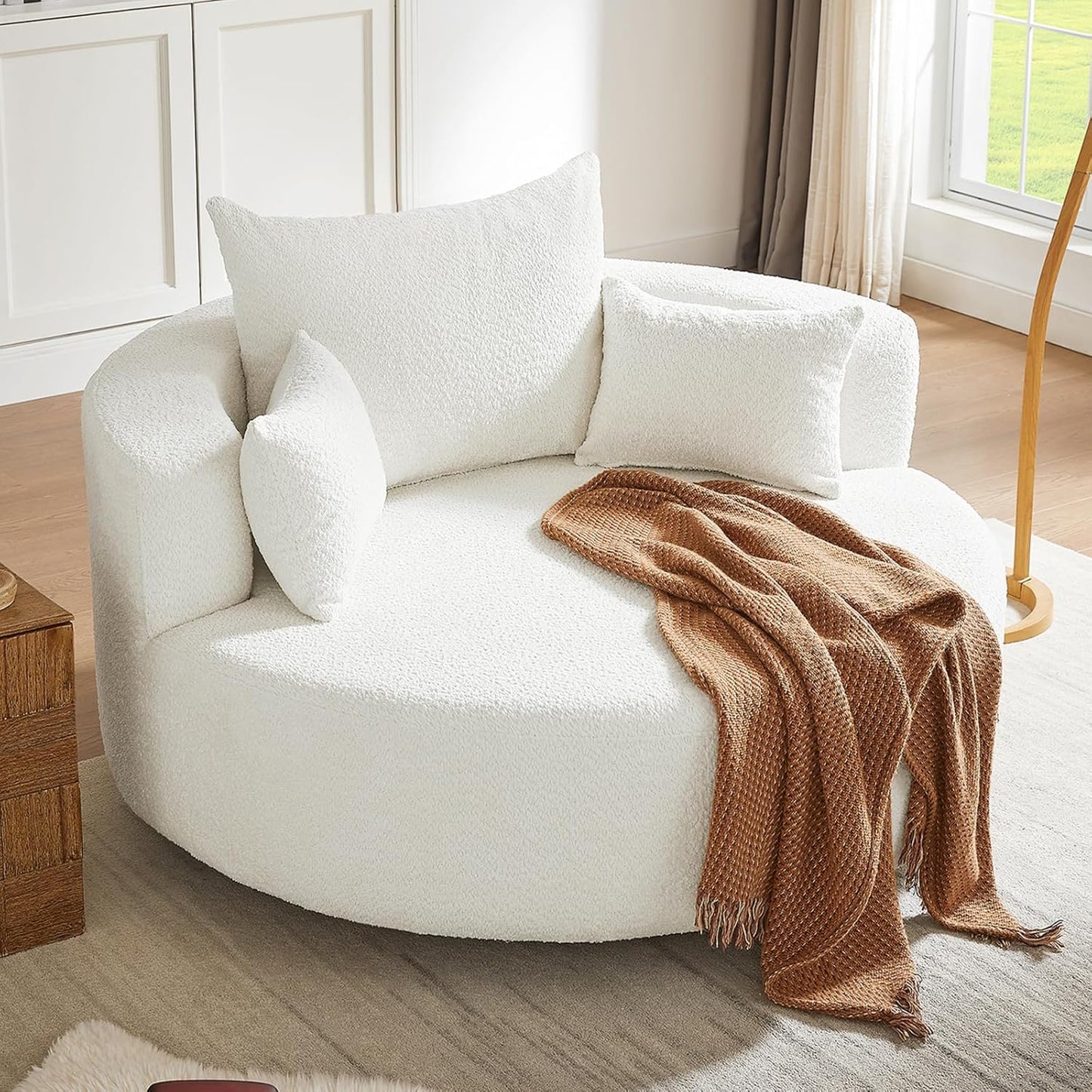 55.1” Oversized Round Swivel Barrel Chair, Large Upholstered Accent Sofa Chair with 3 Pillow, Comfy Chenille Cloud Circle Reading Chaise Lounge Indoor for Living Room, Bedroom,Apartment,Green