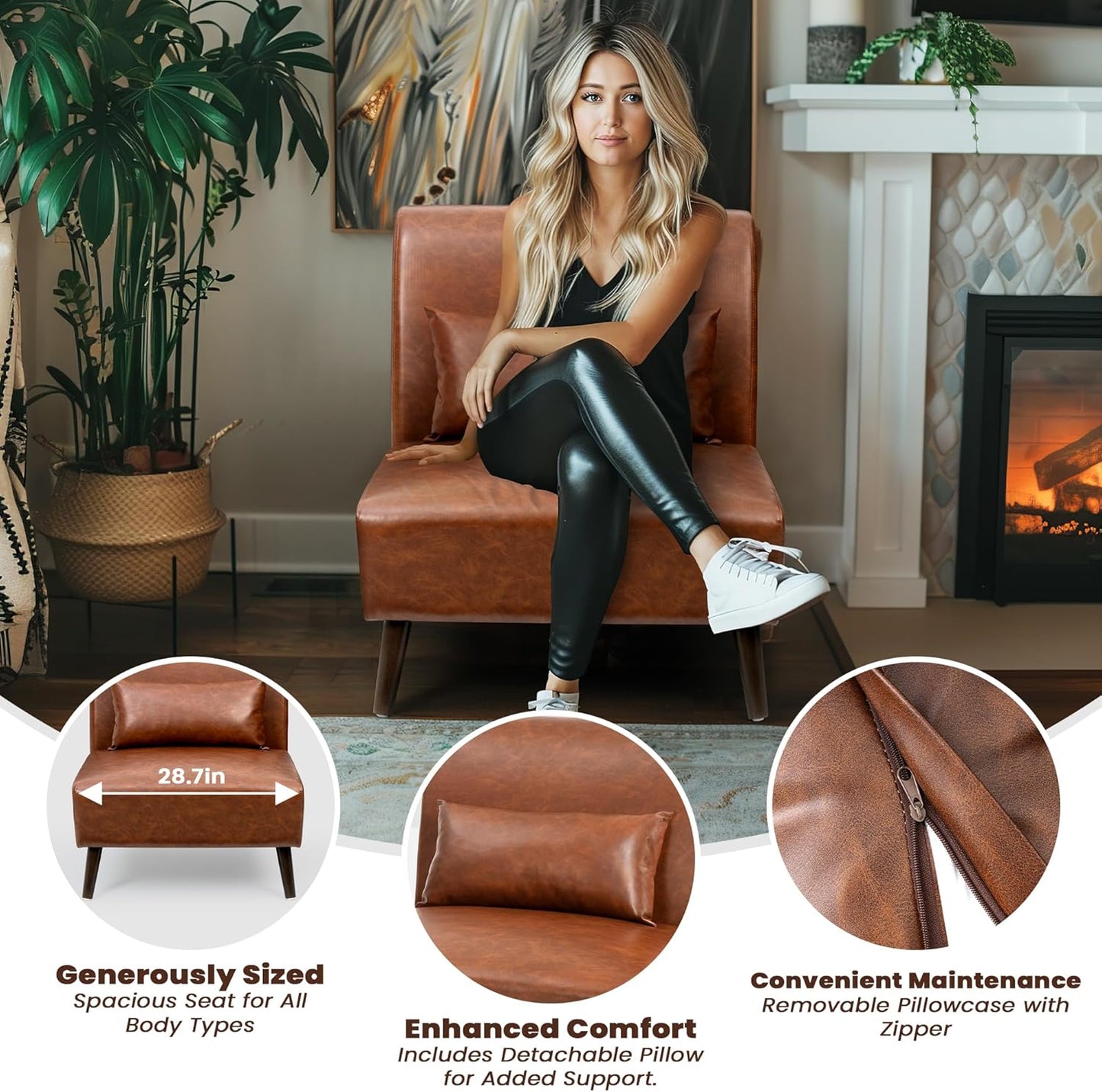 Armless Accent Chair for Living Room Mid Century Modern Brown Leather Accent Chair and a Half Oversized Slipper Chair with Pillow for Bedroom