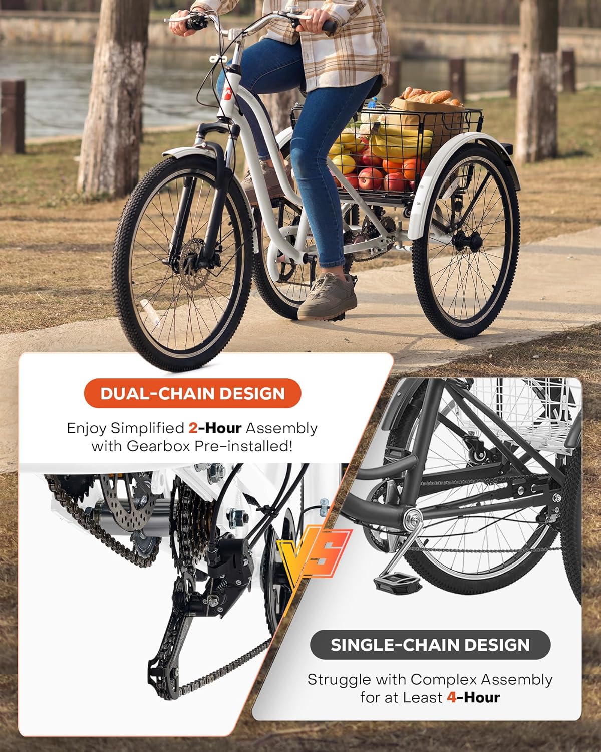 Viribus Adult Tricycle, 7 Speed Tricycle for Adults with Front Suspension and Removable Basket, 24 26 inch 3 Wheel Bike for Adults Dual Chain, Adult Trike for Men Women Seniors, 400 lb.