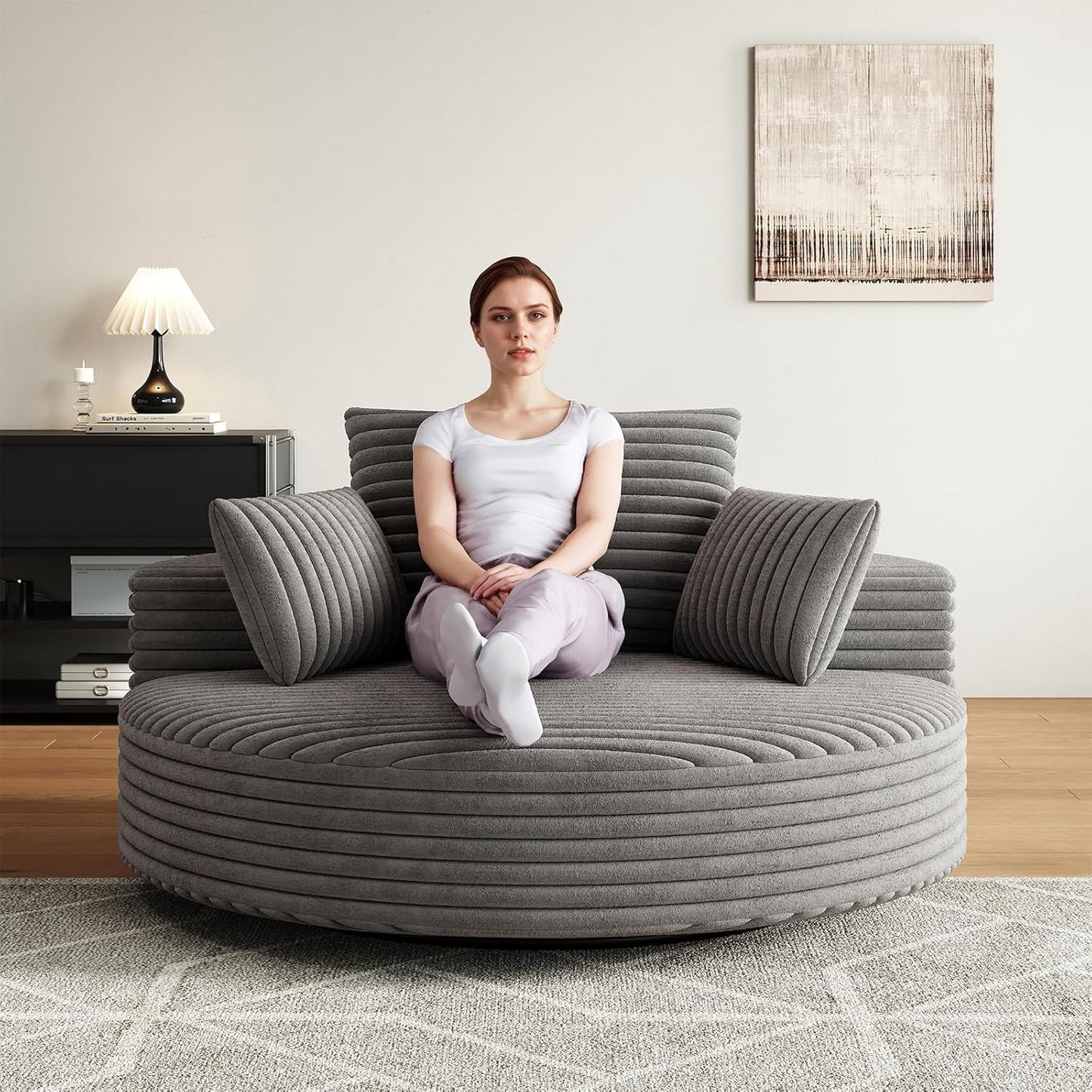 55 inch 360° Swivel Accent Chair, Chaise Lounge Chair Indoor Oversized Round Swivel Accent Chair Modern Corduroy Single Sofa Chair Deep Seat Chair for Living Room Bedroom Apartment, Grey