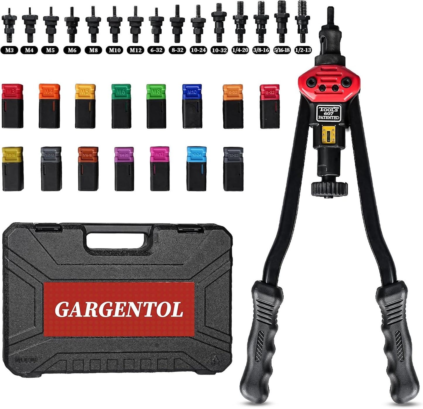 Rivet Nut Tool Kit, 16-Inch Rivnut Tool with 15 Metric & SAE Mandrels and Rivet Nut Gun, 200pcs Rivnut Tool Kit Assortment, Nutsert Tool Kit with Carrying Case