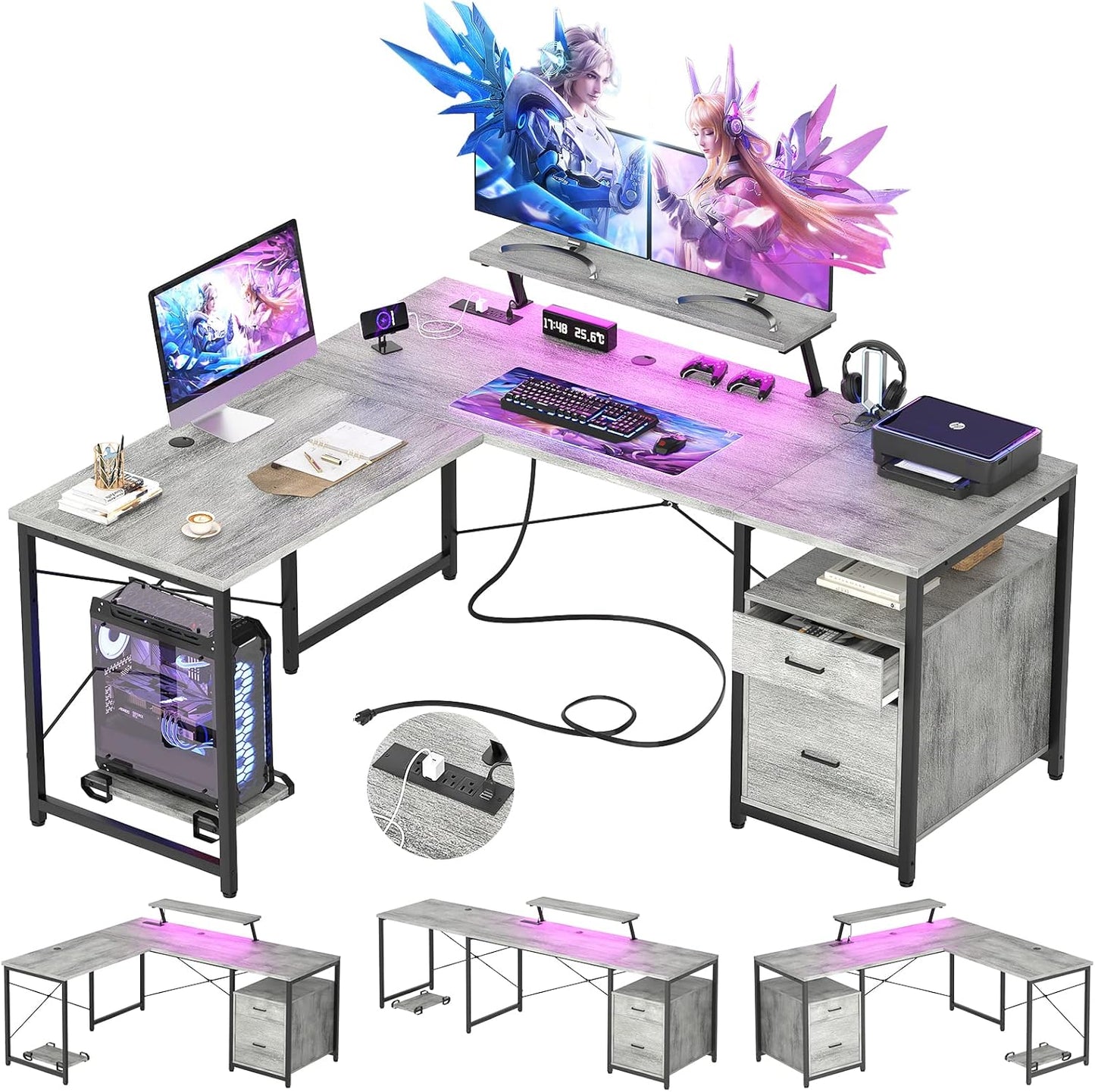 Unikito L Shaped Desk with File Drawer, Reversible L Shaped Computer Desk with Power Outlet & LED Lights, Home Office Desk Corner Desk with Monitor Shelf and Printer Cabinet, Gaming Desk, Black