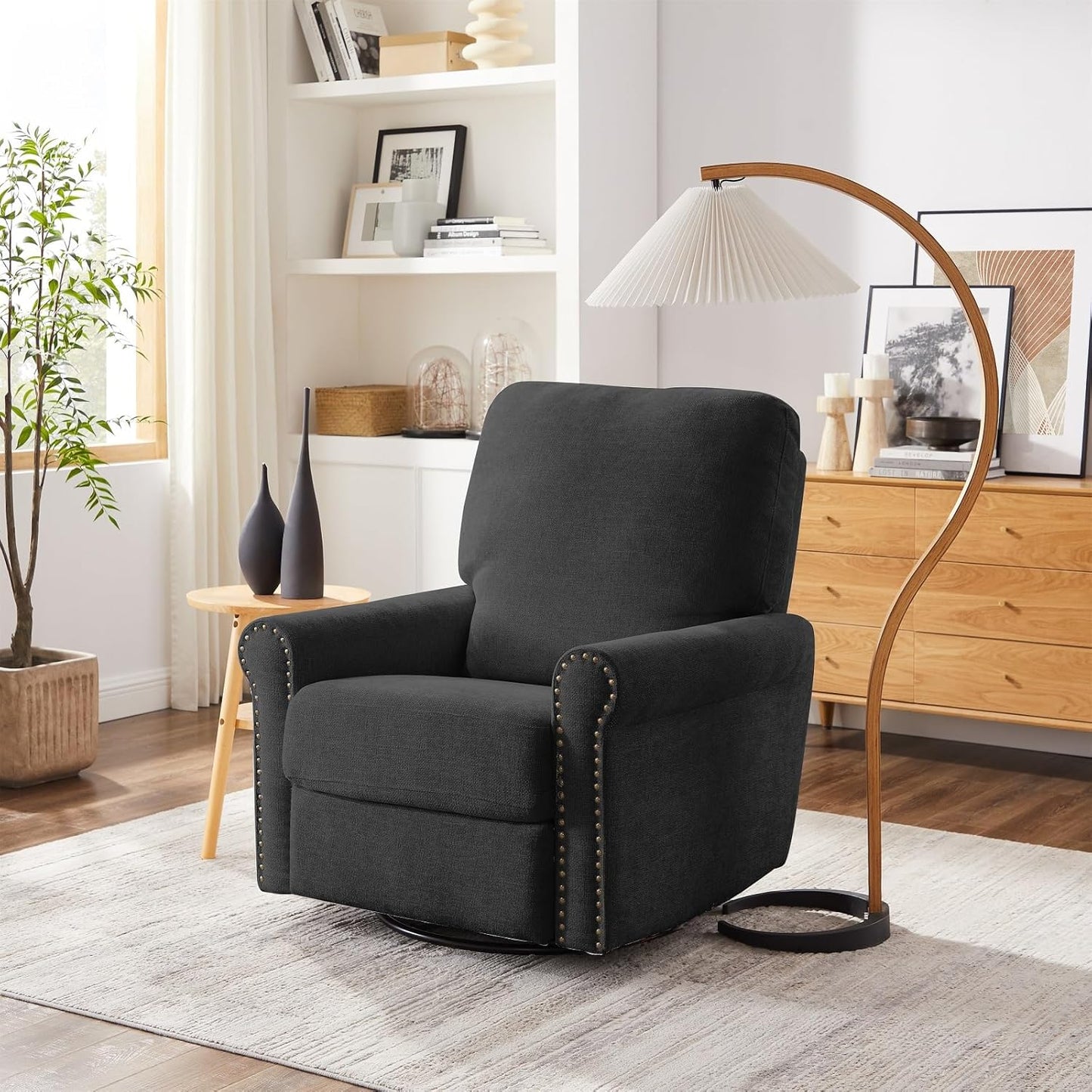 Accent Chairs 360° Recliner Chair Swivel Rocker Chair for Adults, Nursery Swivel Chairs for Living Room, High Back Upholstered Deep Seat Lazy Boy Recliner Chairs (Polyester Fabric- Dark Gray-1PCS)