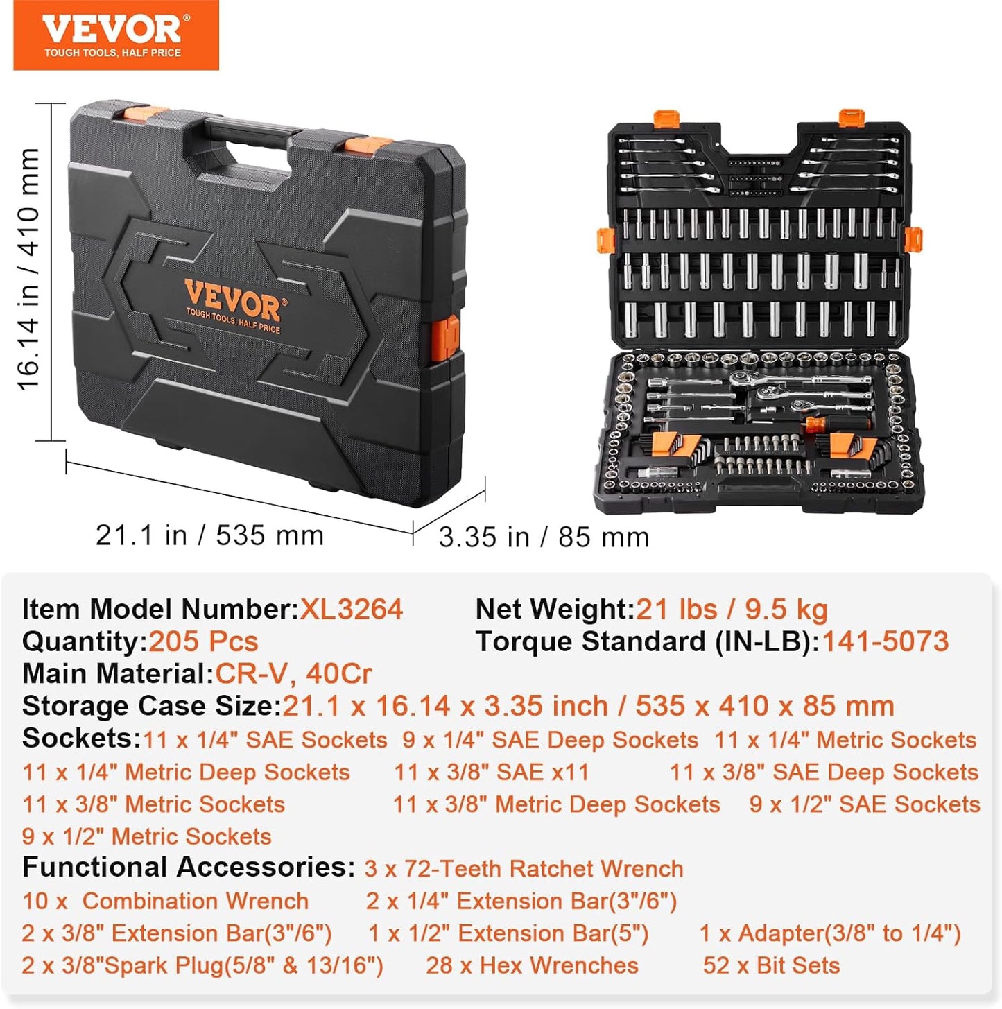 VEVOR Mechanics Tool Set, 1/4" & 3/8"& 1/2" Drive Deep and Standard Sockets, SAE/Metric 205 Pcs Mechanic Tool Kit with Bits, Combination Wrench, Hex Wrenches, Accessories, Storage Case