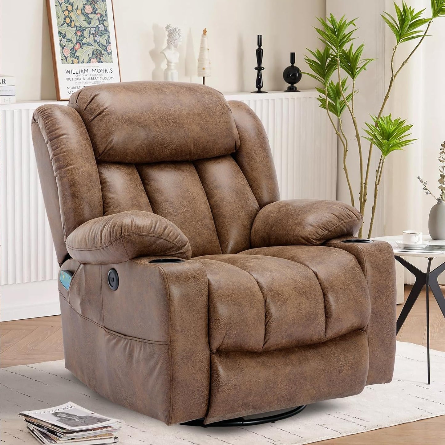 VIVIJASON Manual Swivel Rocking Glider Recliner Chair with Heat & Vibration Massage, 360° Swivel Overstuffed Reclining Chair with 2 Cup Holders, Side Pockets & USB Ports for Living Room, Plush Gray