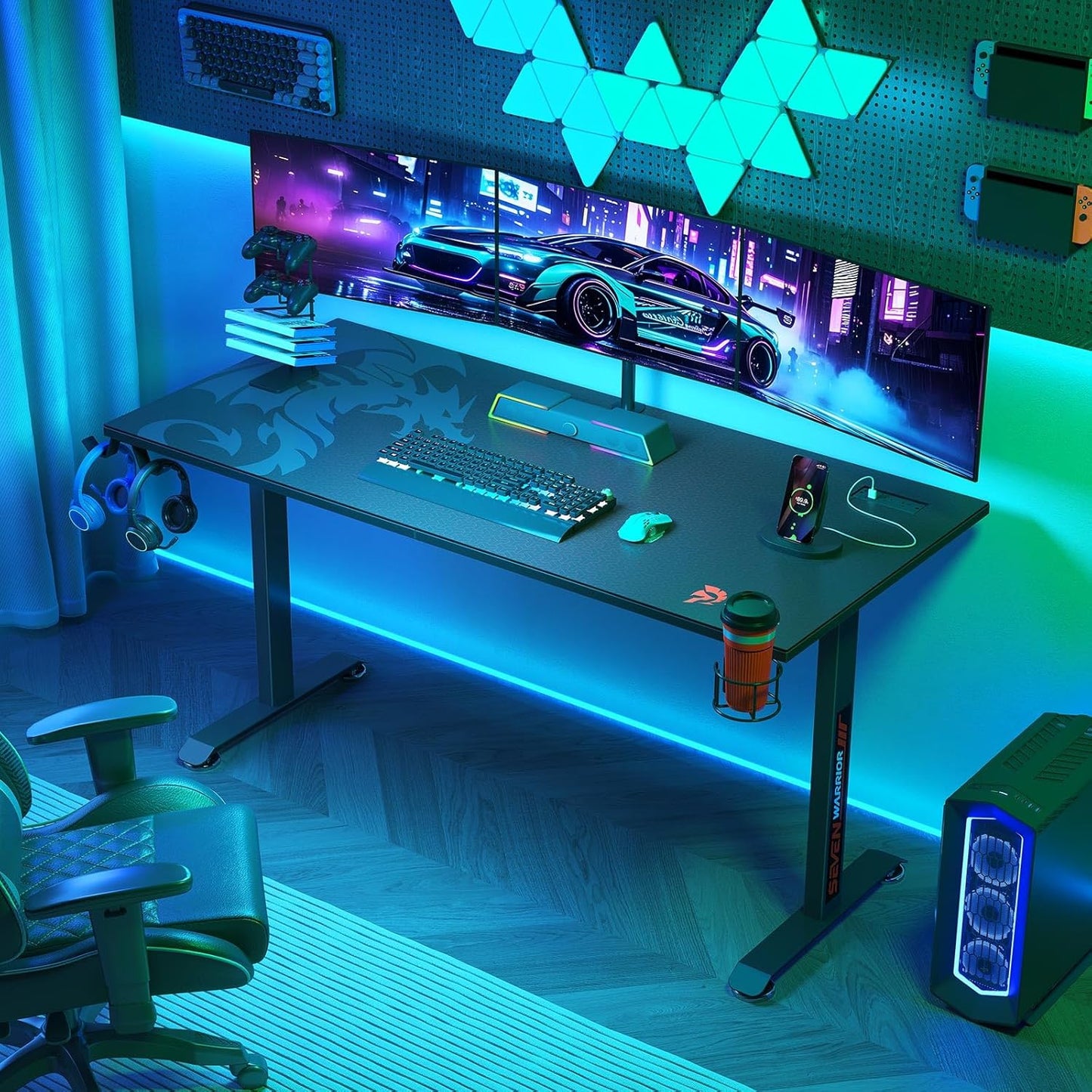 SEVEN WARRIOR Gaming Desk 55’’, T-Shaped Carbon Fiber Surface Computer Desk with Full Mouse Pad, Gamer Desk with Headphone Hook, USB Rack, Cup Holder