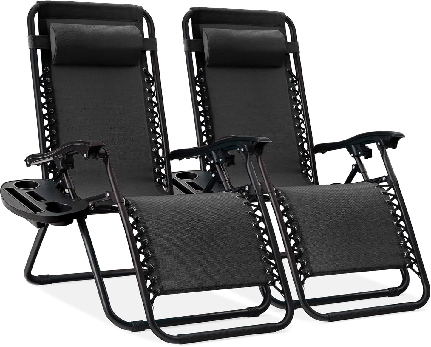 Best Choice Products Set of 2 Adjustable Steel Mesh Zero Gravity Lounge Chair Recliners w/Pillows and Cup Holder Trays - Gray