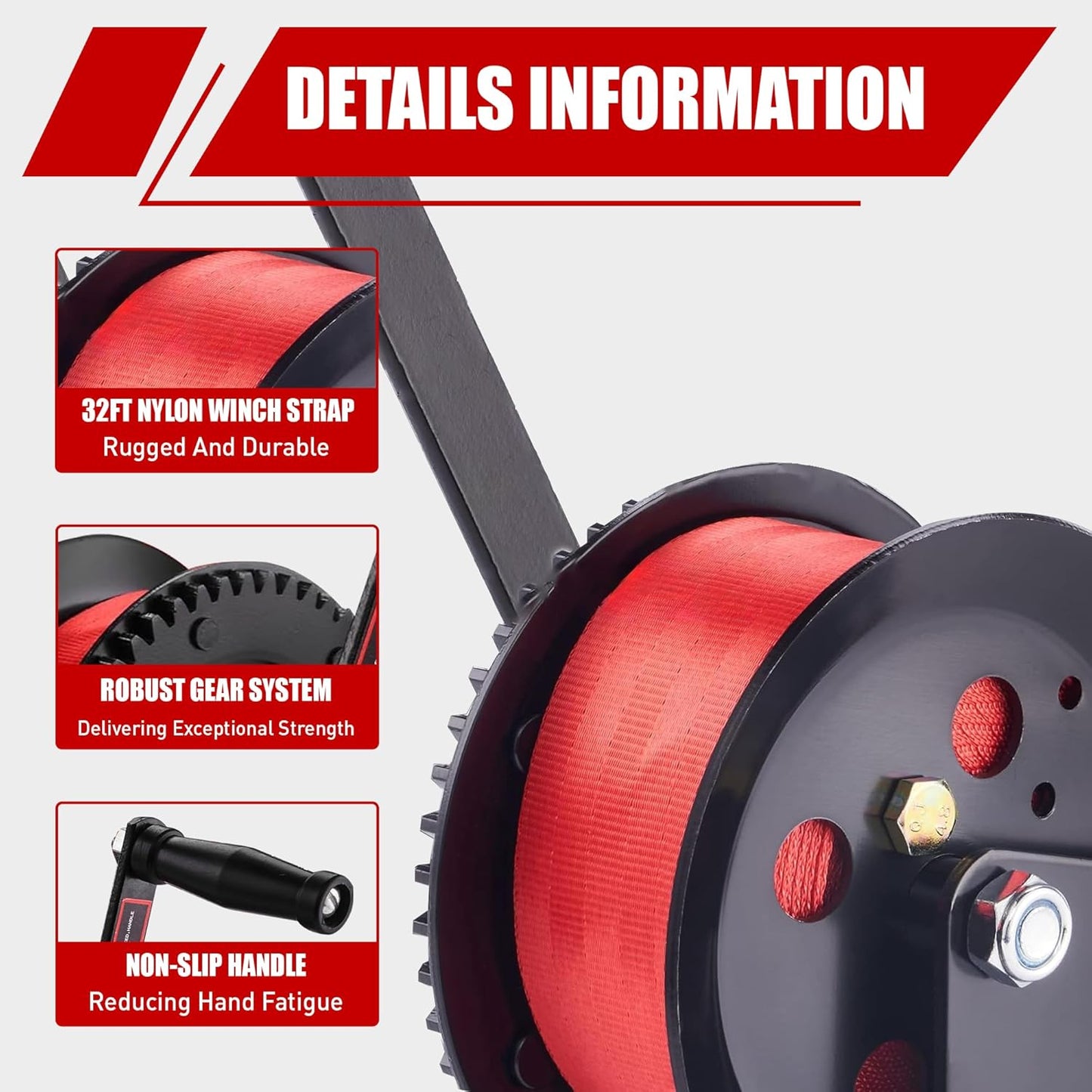 TYT 3500LB Boat Trailer Strap Winch with 10M Red Strap, Sturdy Long-Lasting Gear Hand Crank Winch, Operated Two Way Ratchet Manual Winches for Towing Pulley Boat Trailer Truck RV Jet Ski Marine Winch