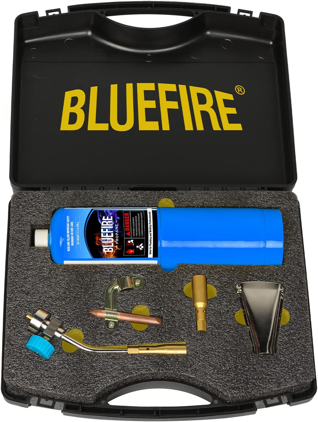 BLUEFIRE Solid Brass Pencil Flame Gas Welding Torch Head Nozzle Professional Upgrade Kit with MAPP All-Purpose Bundle with hard box interchangeable heads Fuel by MAP Pro Propane CGA 600 Cylinder