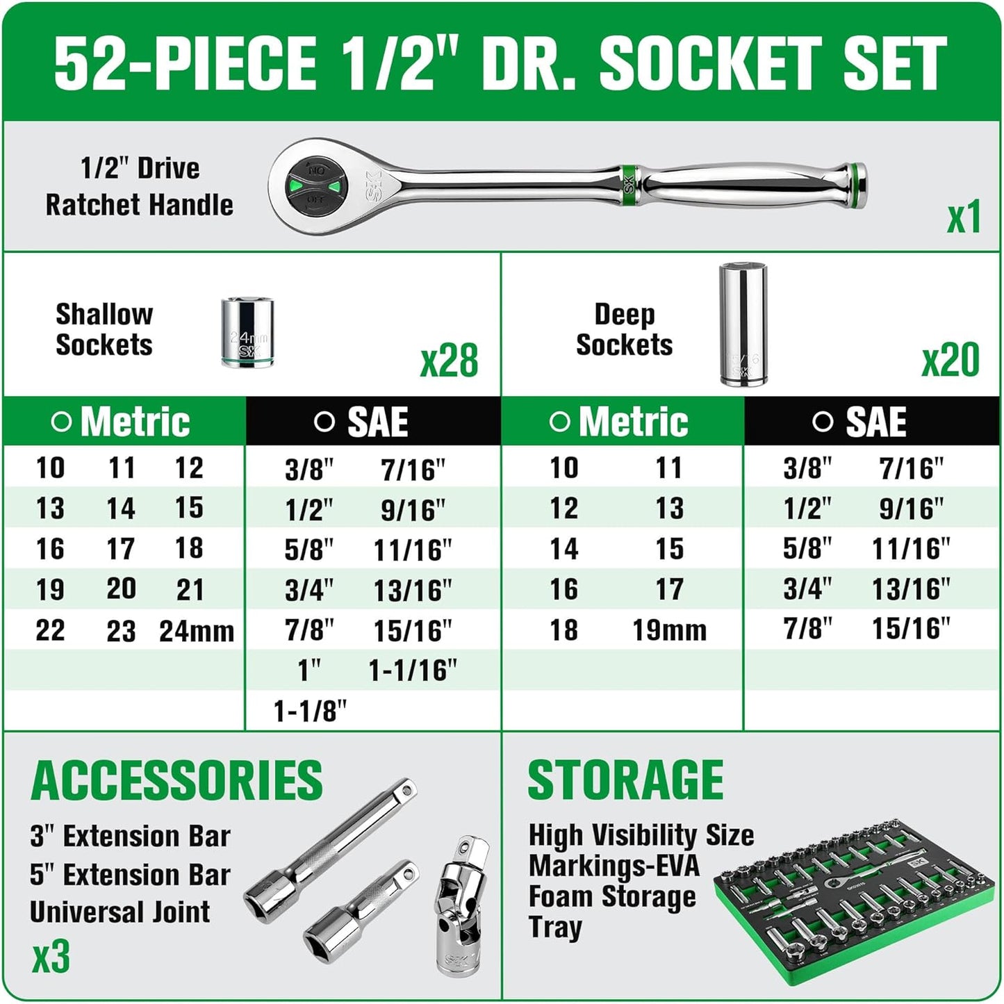 SK 1/2" Drive Socket Set with 160-P Ratchet, 52-Piece, SAE & Metric, SuperKrome Finish, Premium CR-V Construction, with EVA Foam Tool Organizer