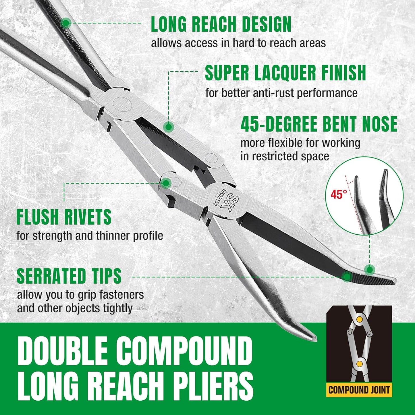 SK 2-Piece Double Compound Long Reach Pliers Set, 13-Inch Straight Long Nose Pliers, 45° Bent Nose, with Comfort Grips, Premium CR-V Steel Construction