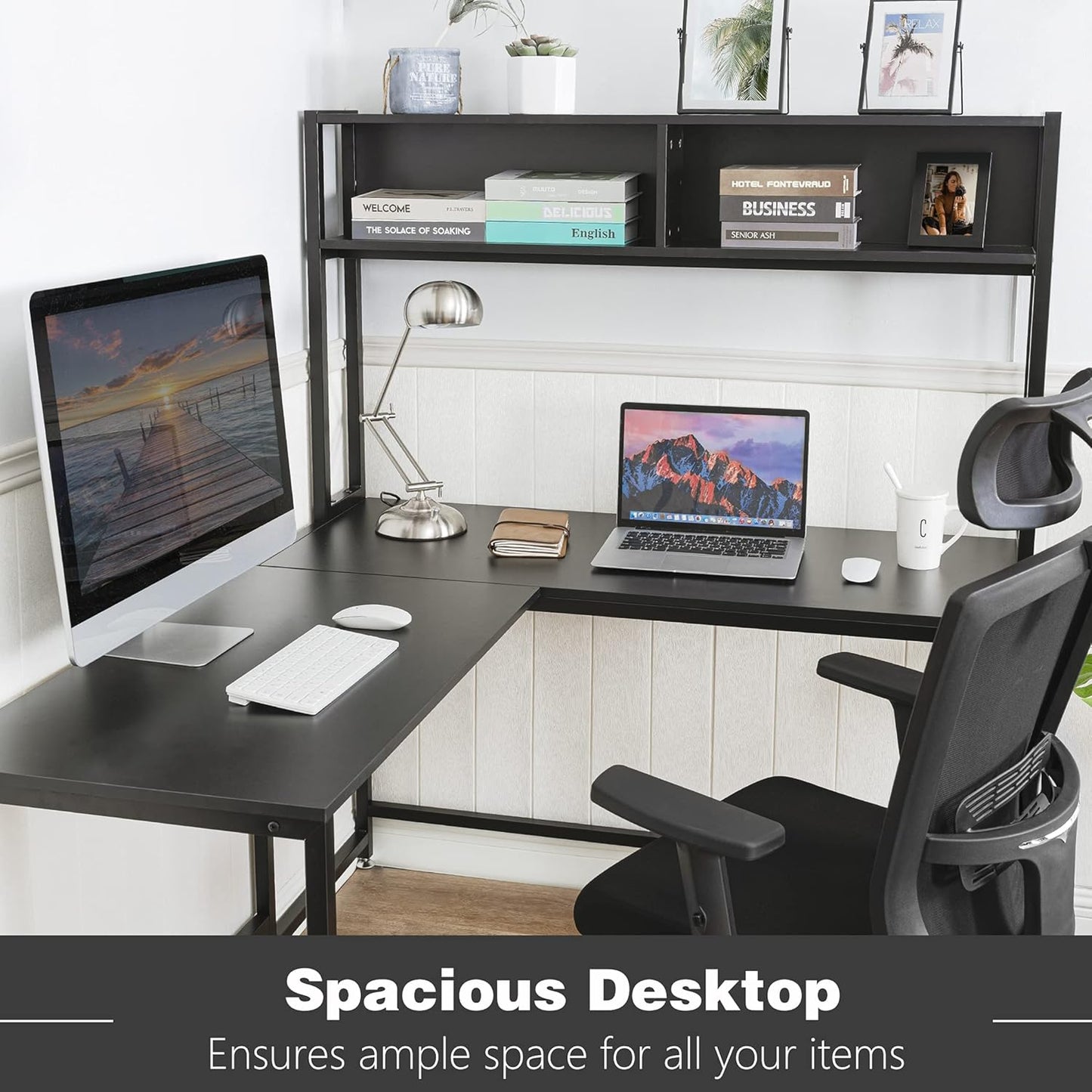 Becko US L Shaped Desk with Hutch, 56 Inch Corner Computer Desk, Home Office Writing Desk with Storage Shelves, Space Saving (Black)