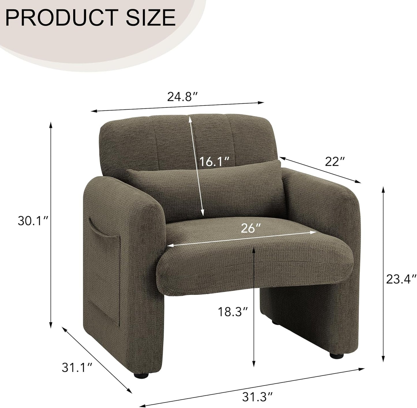 VKNOW Accent Chair Living Room Chair, Modern Fabric Chenille Armed Chair, Comfy Upholstered Armchair with Support Pillow for Living Room Bedroom Office, Light Brown
