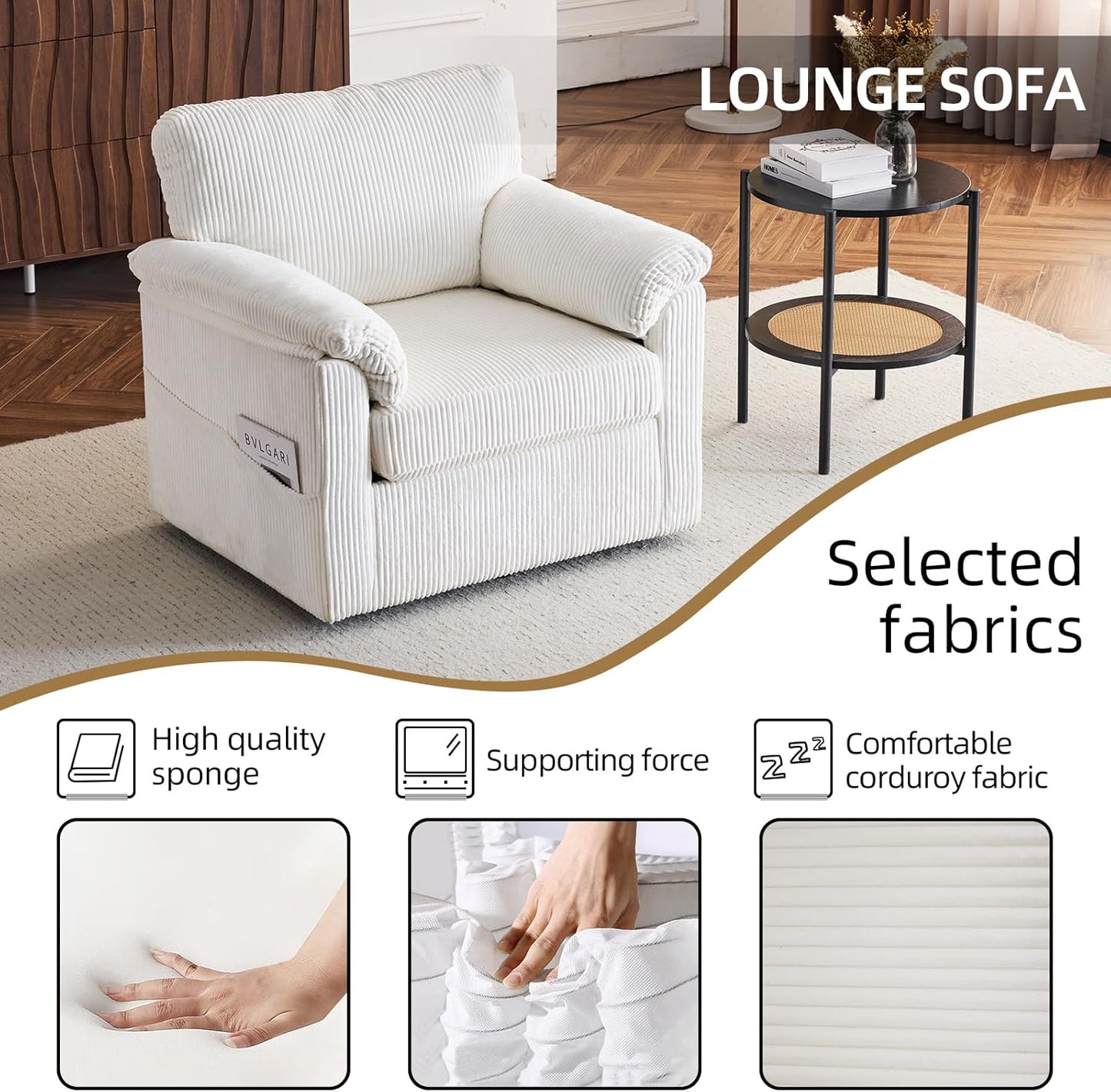 Accent Chair Set of 2, White Corduroy | Compact 360° Swivel for Small Spaces, Plush Deep-Cushioned Reading Chair
