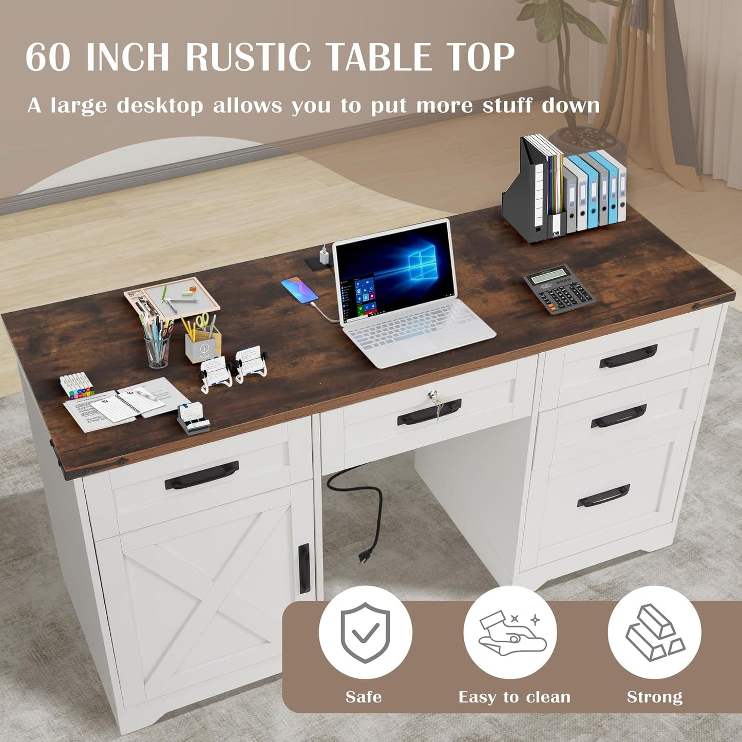 60" Farmhouse Executive Desk, Home Office Desk with Drawers, Wood Computer Writing Desk with Charging Station, Key Lock Drawer Filing Cabinet Drawers, Antique White