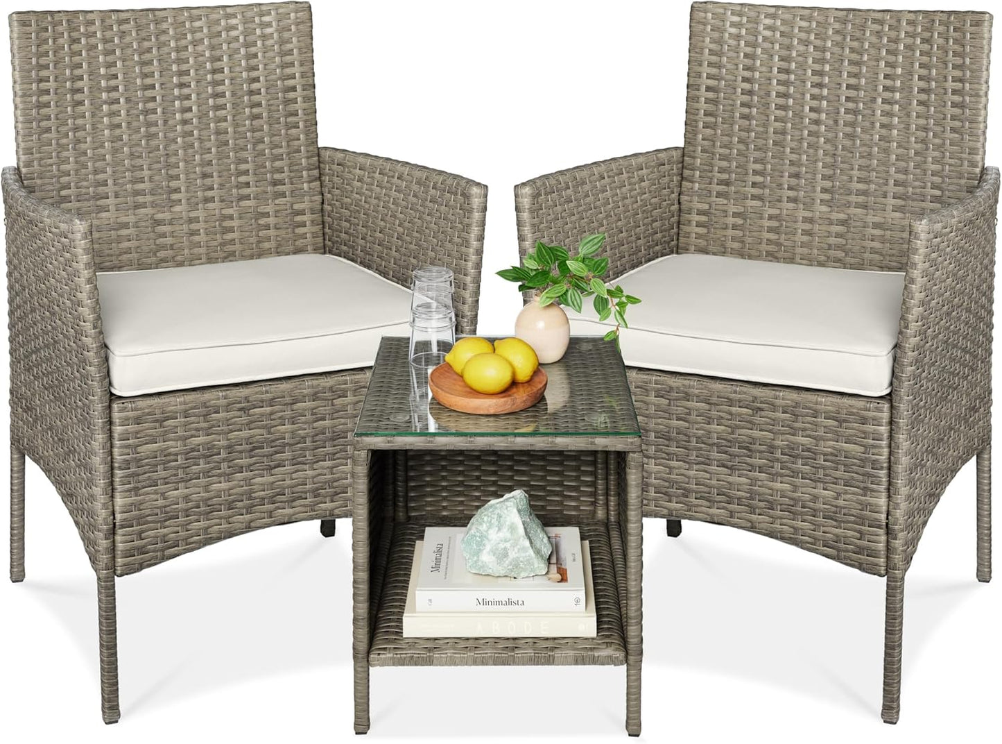 Best Choice Products 3-Piece Outdoor Wicker Conversation Bistro Set, Space Saving Patio Furniture for Garden w/Side Table - Gray/Navy
