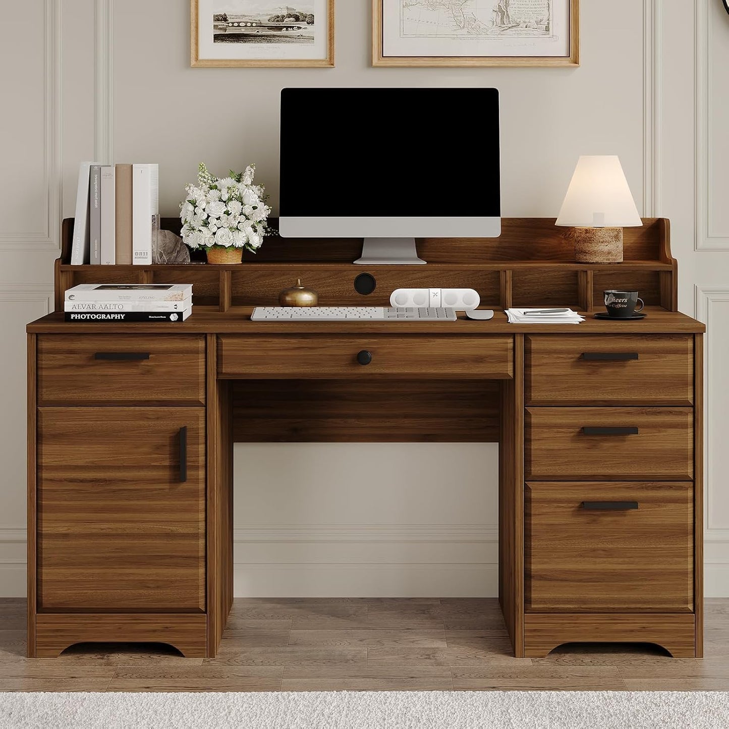 58 Inch Executive Desk with File Drawers, Computer Desk with Storage, Rustic Desk with Adjustable Shelves, Office Desk with Hutch for Bedroom, Grey
