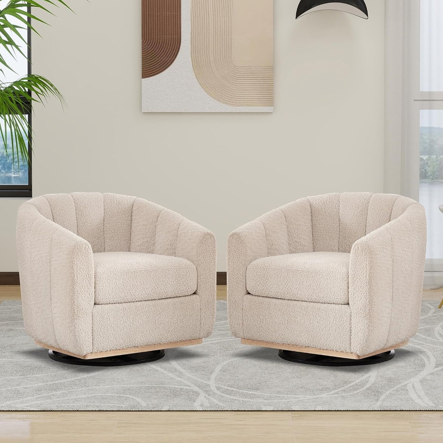 Aoiy & Wifon 32.33" W Swivel Accent Barrel Chair, Round Living Room Swivel Chair, Boucle, Ivory