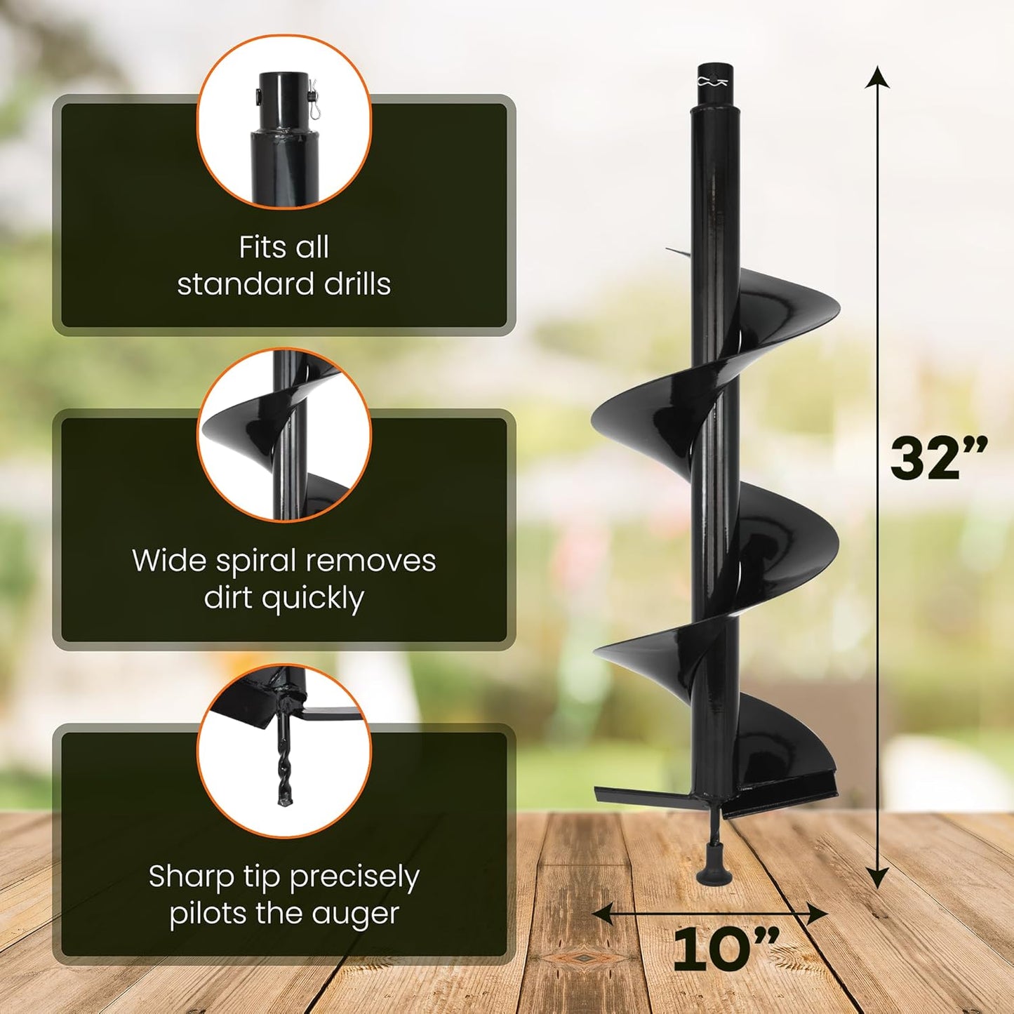 Auger Post Hole Digger 10" Wide 32" Deep - Earth Auger - Trench Digger - Hole Digger Tool for Fence Posts - Electric Post Hole Digger Handles