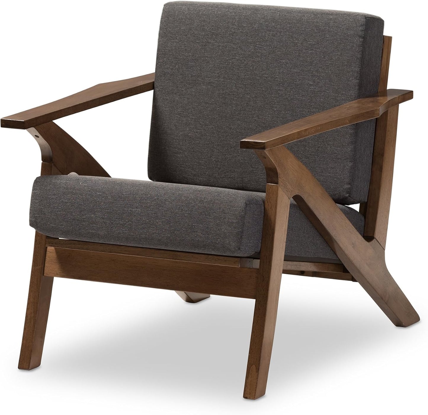 Baxton Studio Genie Mid-Century Modern Wood Grey Fabric Living Room 1-Seater Lounge Chair, Walnut