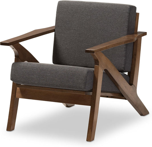 Baxton Studio Genie Mid-Century Modern Wood Grey Fabric Living Room 1-Seater Lounge Chair, Walnut
