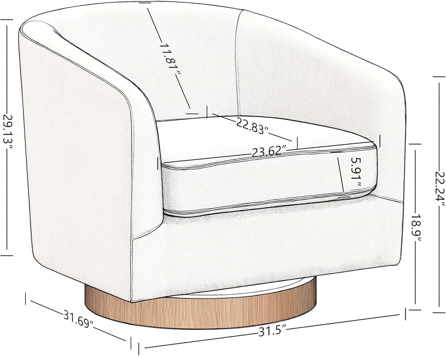 AEDI Swivel Accent Chair with Solid Wood Base, Upholstered Barrel Armchair for Living Room, Modern Small Club Chair,Gray