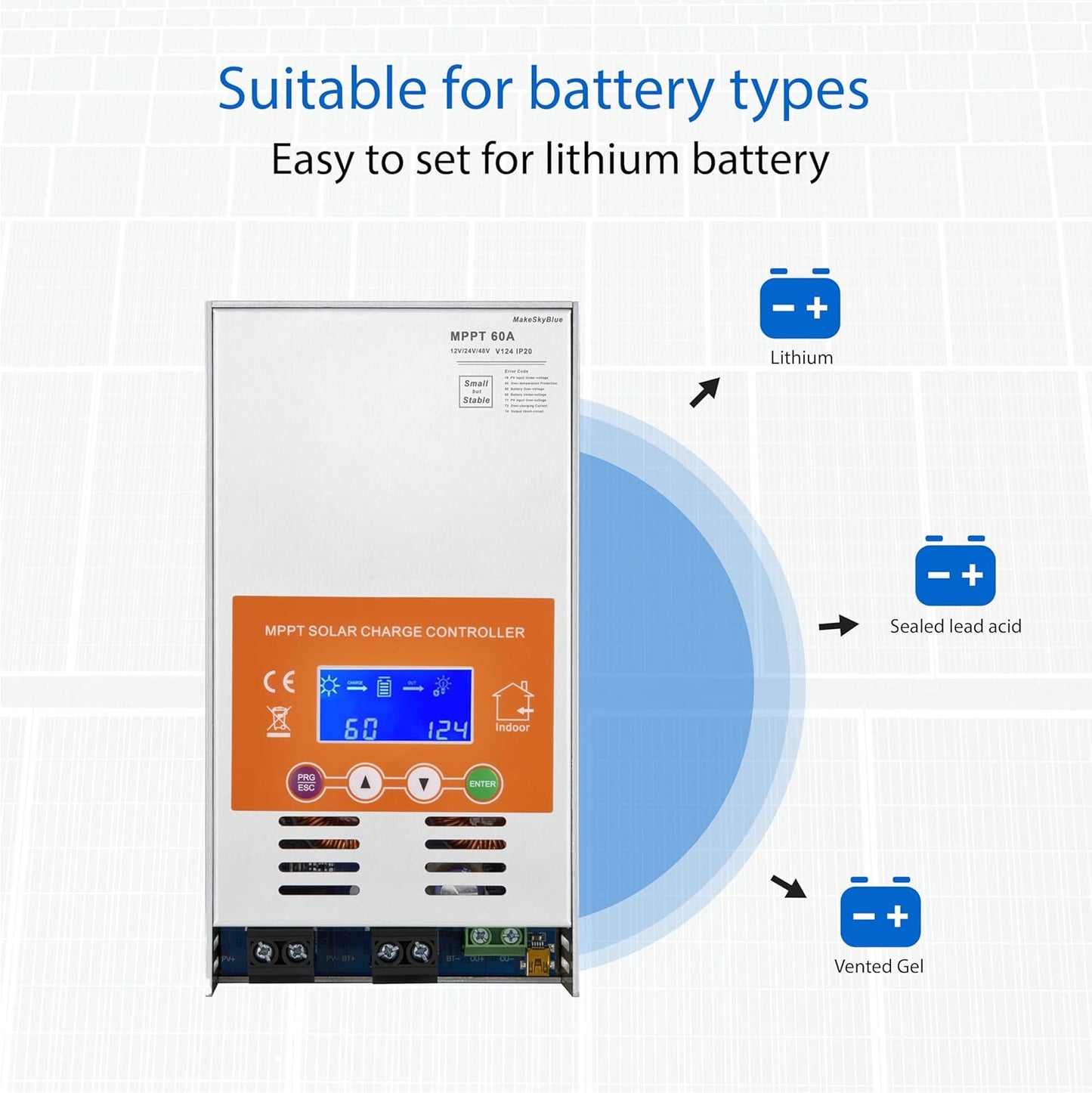60A MPPT Solar Charge Controller, Auto 12V/24V/48V Detect, LCD Display, Max 160V PV Input, Compatible with AGM Lithium Lead-Acid Batteries