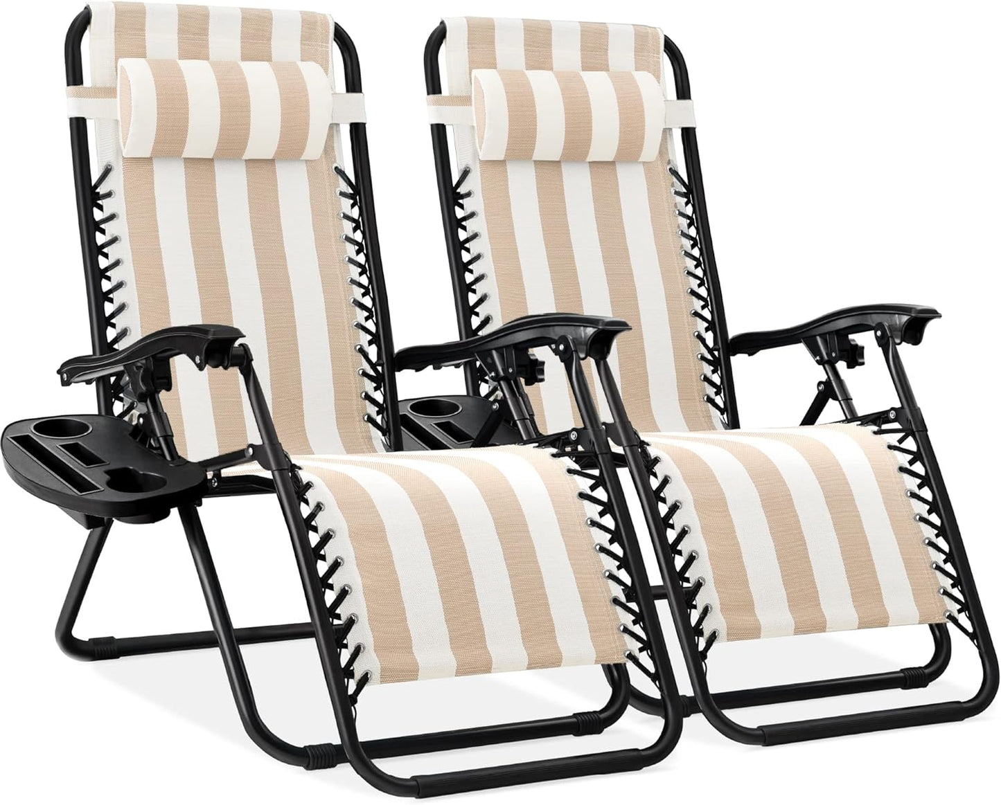 Best Choice Products Set of 2 Adjustable Steel Mesh Zero Gravity Lounge Chair Recliners w/Pillows and Cup Holder Trays - Gray