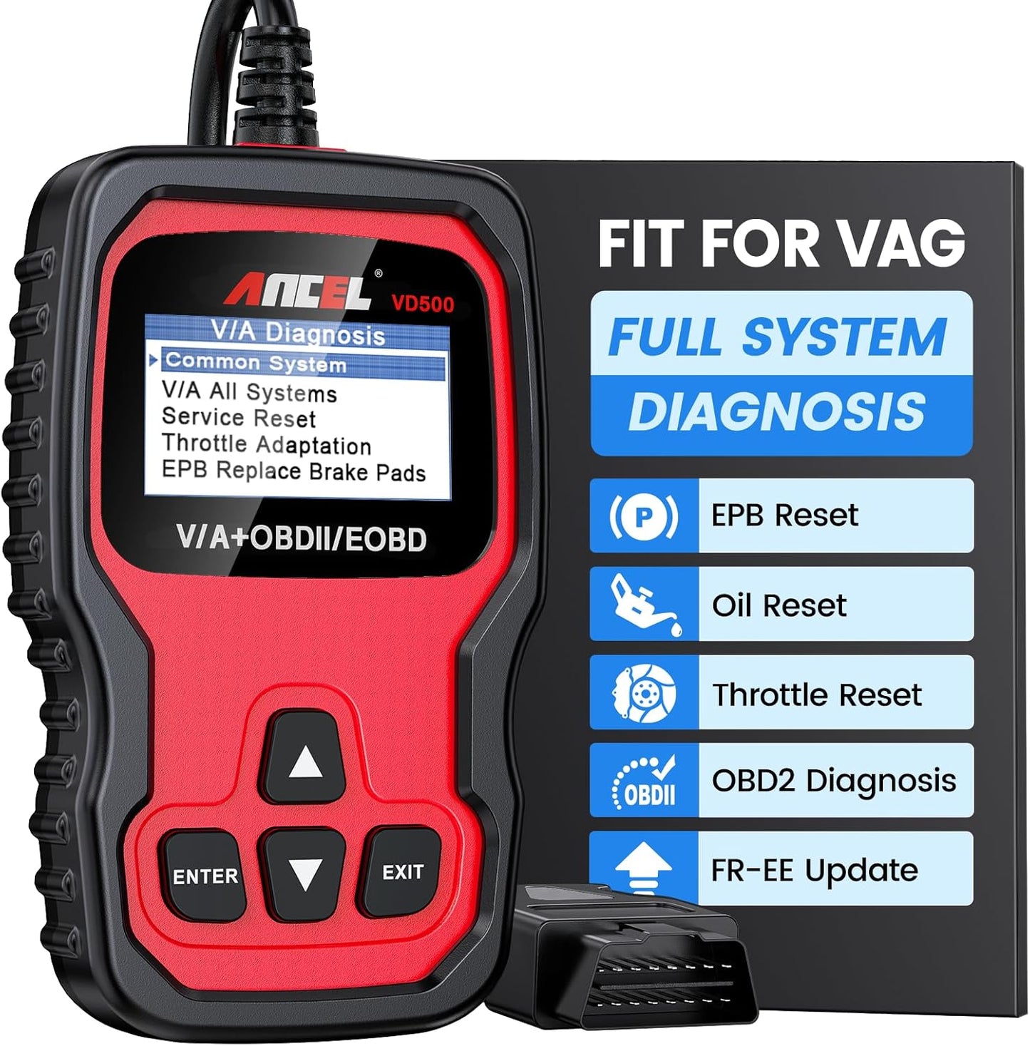 Ancel VD500 OBD2 Scanner Diagnostic Tool for Volkswagen VW Audi Skoda Seat Diagnosis Check Engine Light EPB ABS SRS Code Reader Oil Throttle Position Adaption Brake Pad Reset