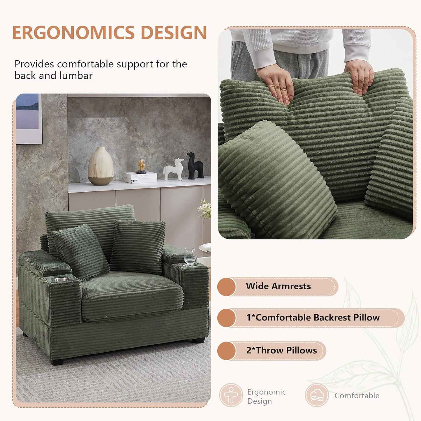 50" Oversized Chaise Lounge Chair Indoor with Ottoman and Storage, Deep Seat Upholstered Reading Chair, Comfy Corduroy Sleeper Chair with Cup Holder, Reclining Chair for Living Room, Bedroom, Green