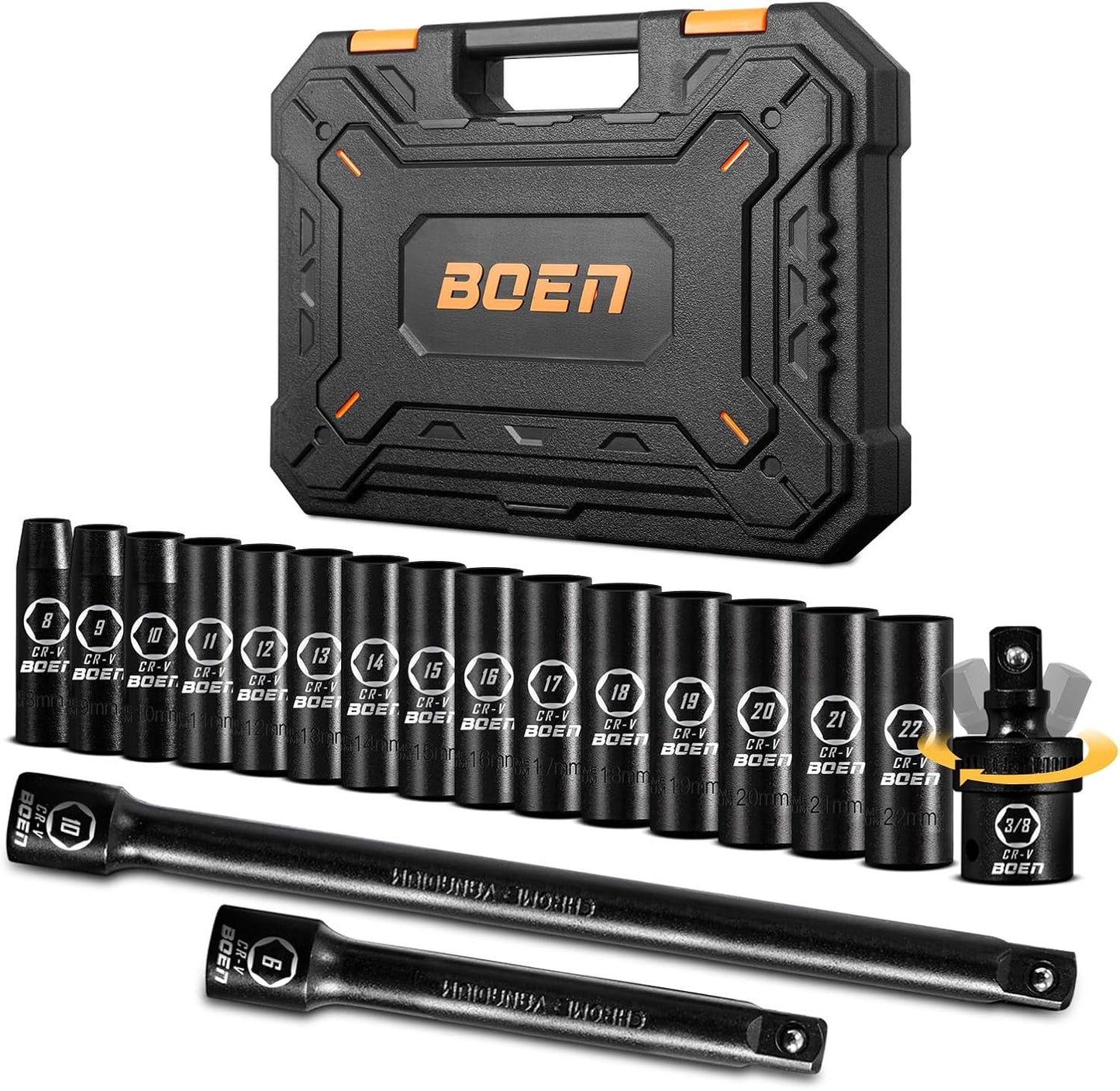 BOEN 1/2" Drive Impact Socket Set, 33 Piece Deep & Shallow Metric Socket Set 8mm to 22mm, Includes 5", 10" Extension Bars, Universal Joint, 6 Point Design, Cr-V Steel, Meets ANSI Standards