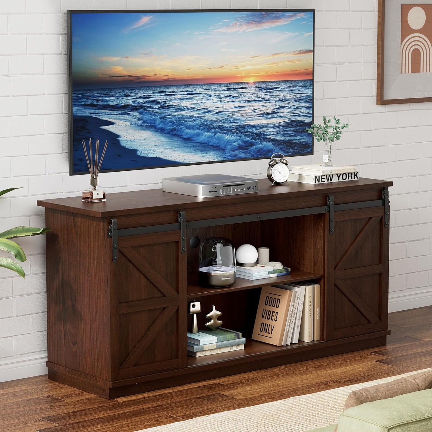 YESHOMY Farmhouse TV Stand for Televisions up to 65 Inches, Sliding Barn Doors and Storage Cabinets, Console Table and Media Furniture for Living Room, 58 Inch, Milk White