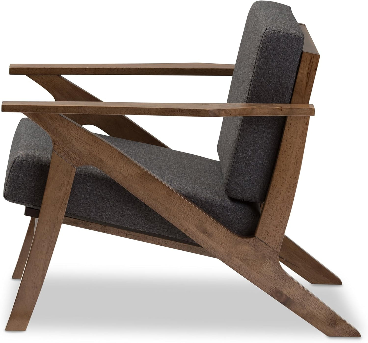 Baxton Studio Genie Mid-Century Modern Wood Grey Fabric Living Room 1-Seater Lounge Chair, Walnut