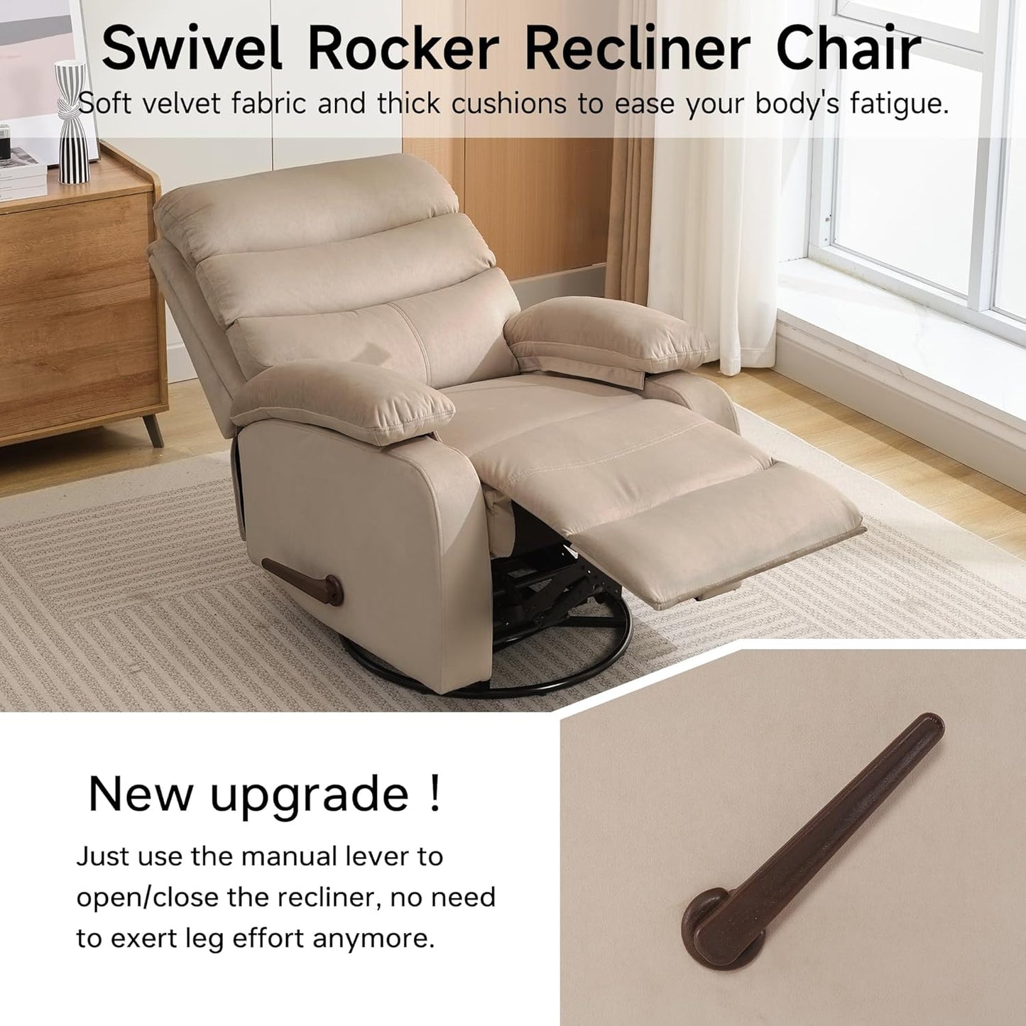 Swivel Rocker Recliner Chair for Adults, Rocking Chair Recliner for Nursery, Small Recliners for Small Spaces, Living Room, RV, Beige
