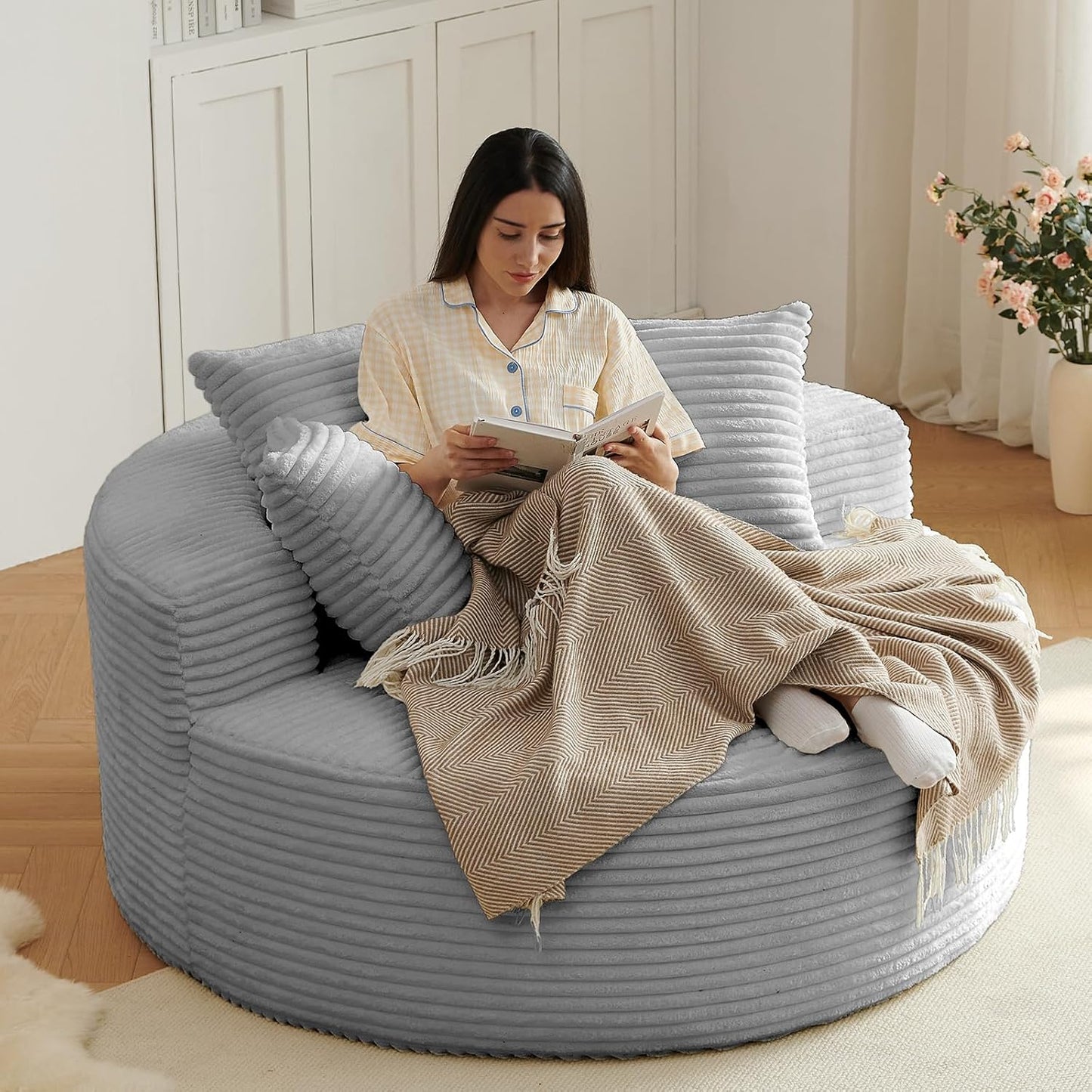 55" L Corduroy Sponge Single Sofa, Oversized Round Chair, Fluffy Modern Sleeper Chairs for Living Room, Lounge and Projection Room, Wide Armrest Lounge Chairs, Armchair with Pillow White