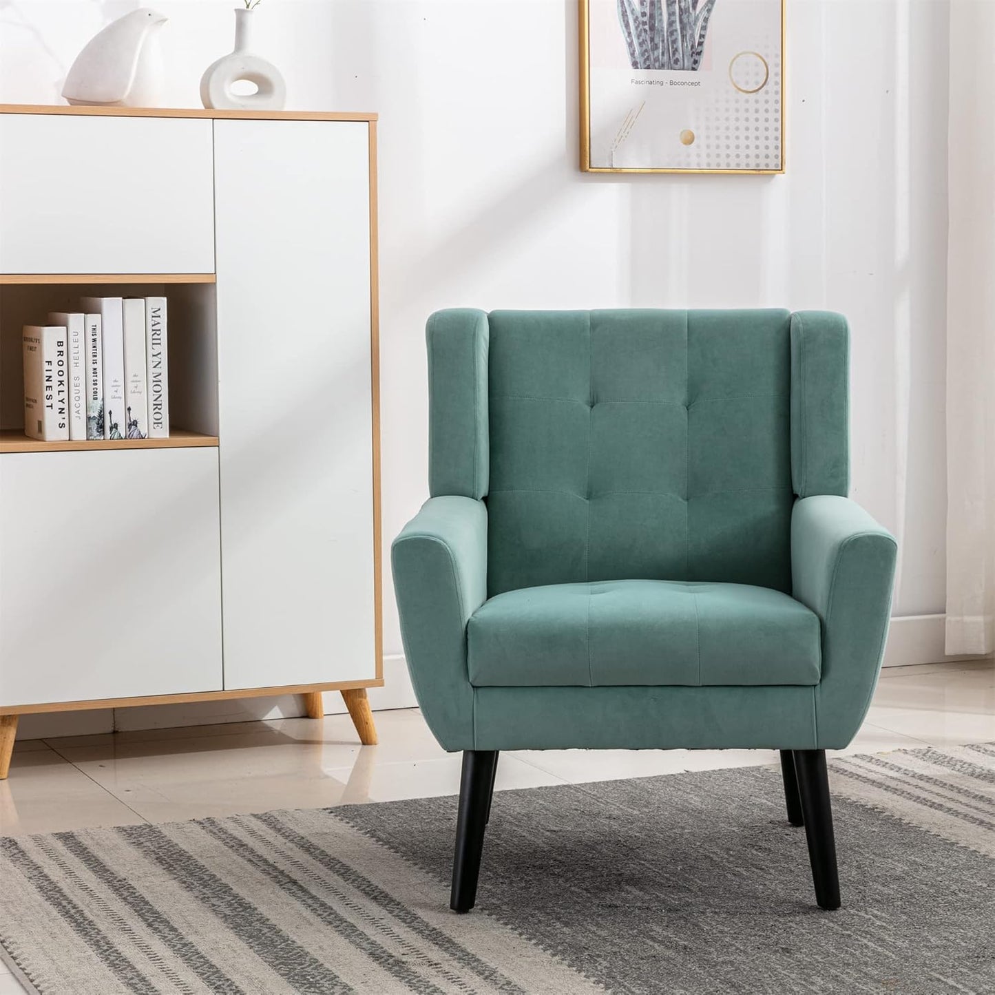 Accent Armchair, Living Room Chairs with Curved Back, Velvet Cushion, 250 Lbs Weight Capacity Ergonomics Accent Chair, Upholstered Single Sofa for Bedroom Mint Green Foam