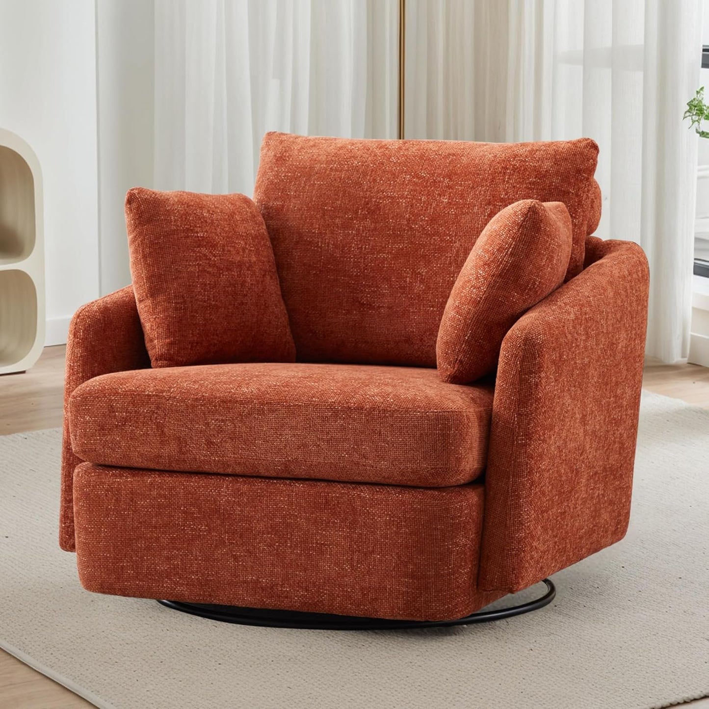 Sinzho & Wiyfun Oversized Swivel Accent Chair with Ottoman Upholstered Large Chenille Arm Chair with 3 Pillows for Living Room, Orange
