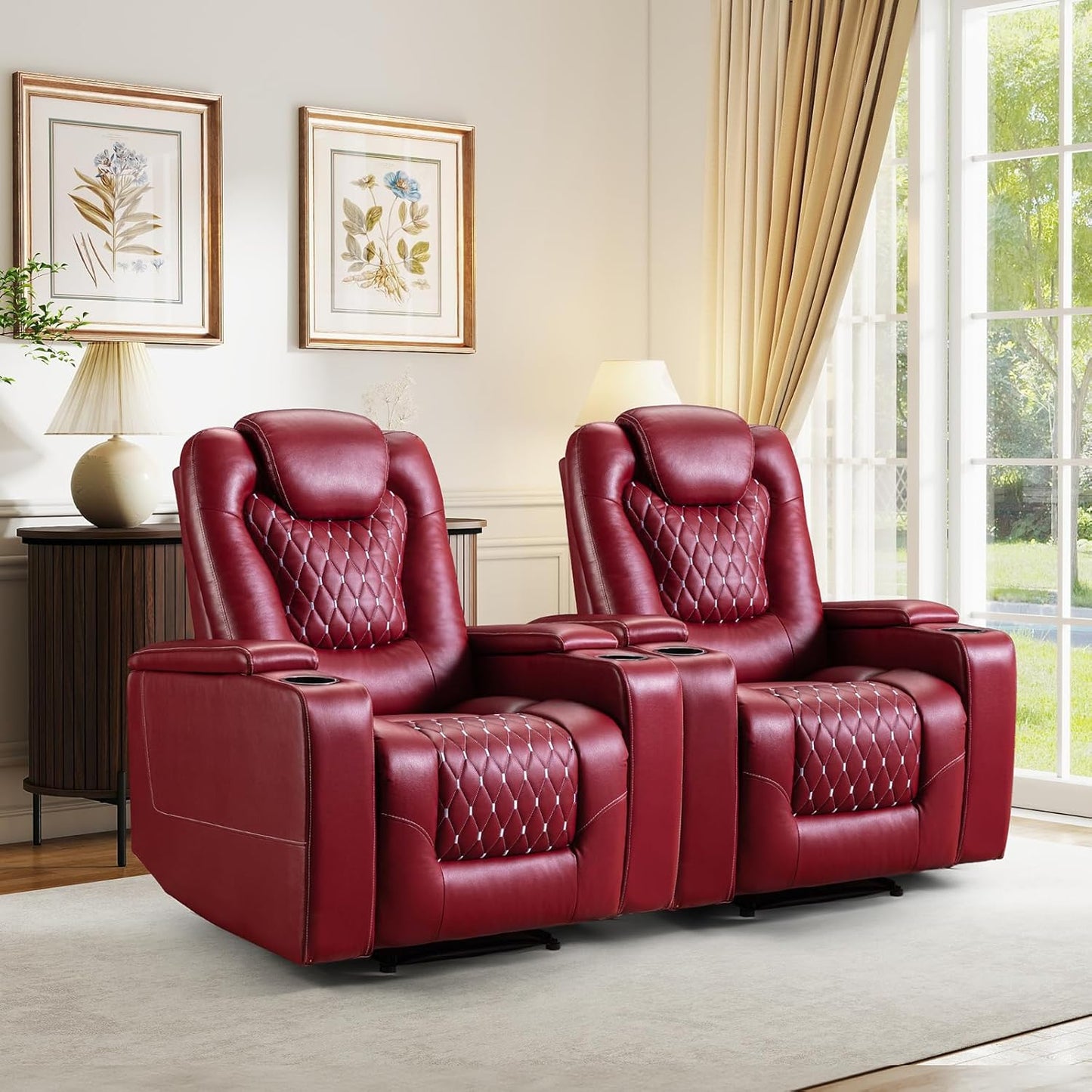 ANJ Power Recliner Chair with USB Ports and Cup Holders - Overstuffed Electric Home Theater Seating PU Leather Reclining Furniture with Hidden Arm Storage, Easy to Clean (Black)
