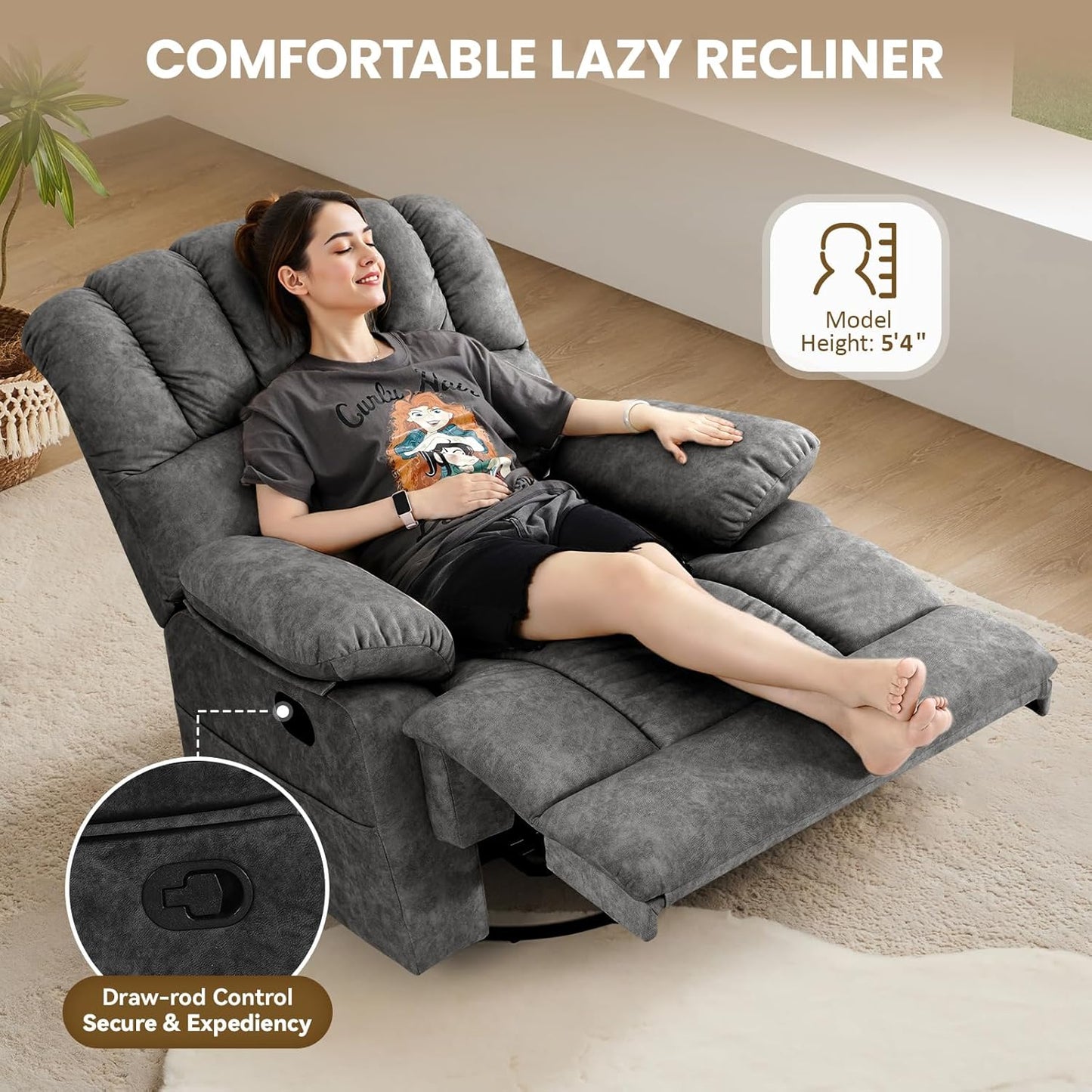 40" Oversized Swivel Rocker Recliner Chair for Big and Tall,Manual Glider Lazy Rocking Chairs for Living Room,Extra Wide Seat,High Back,Large Footrest,360 Swivel(Gray)