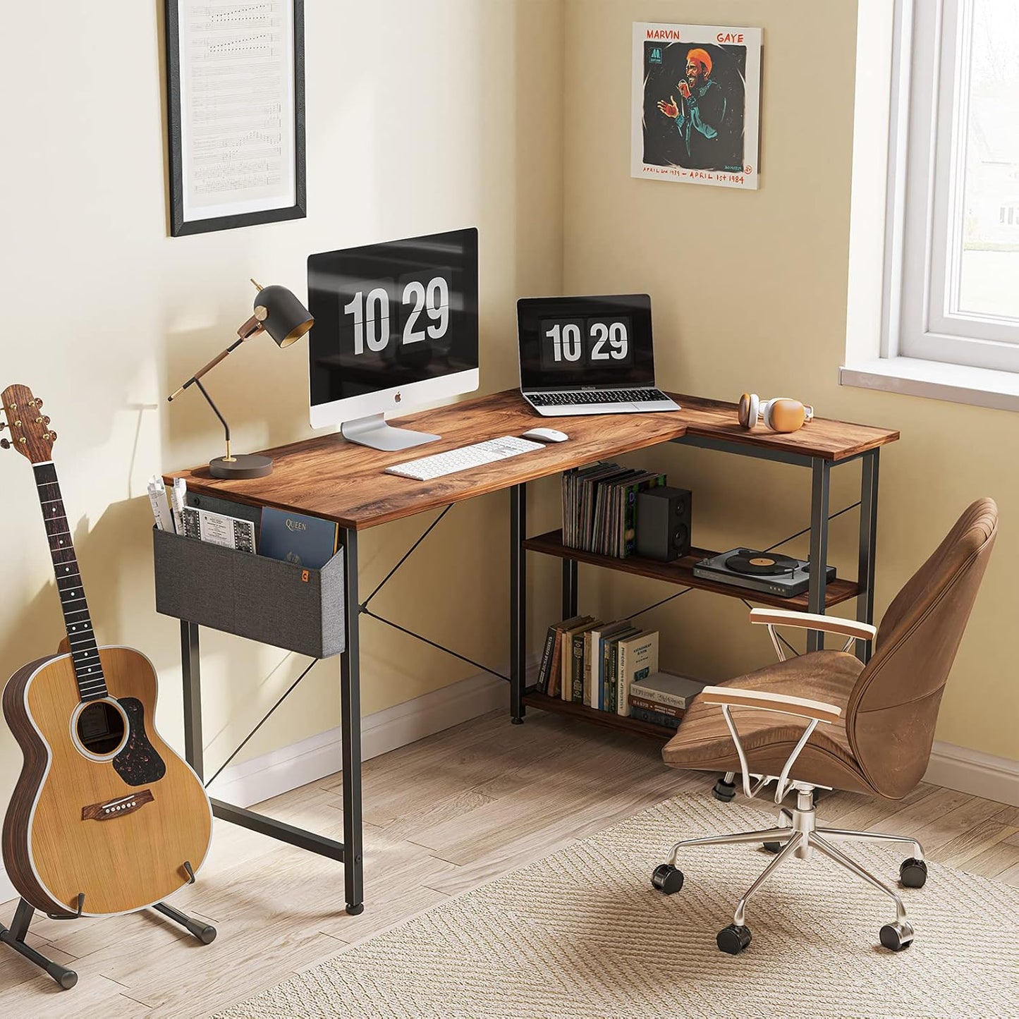 BANTI 55 Inch Small L Shaped Computer Desk with Storage Shelves Home Office Corner Desk Study Writing Table, Brown