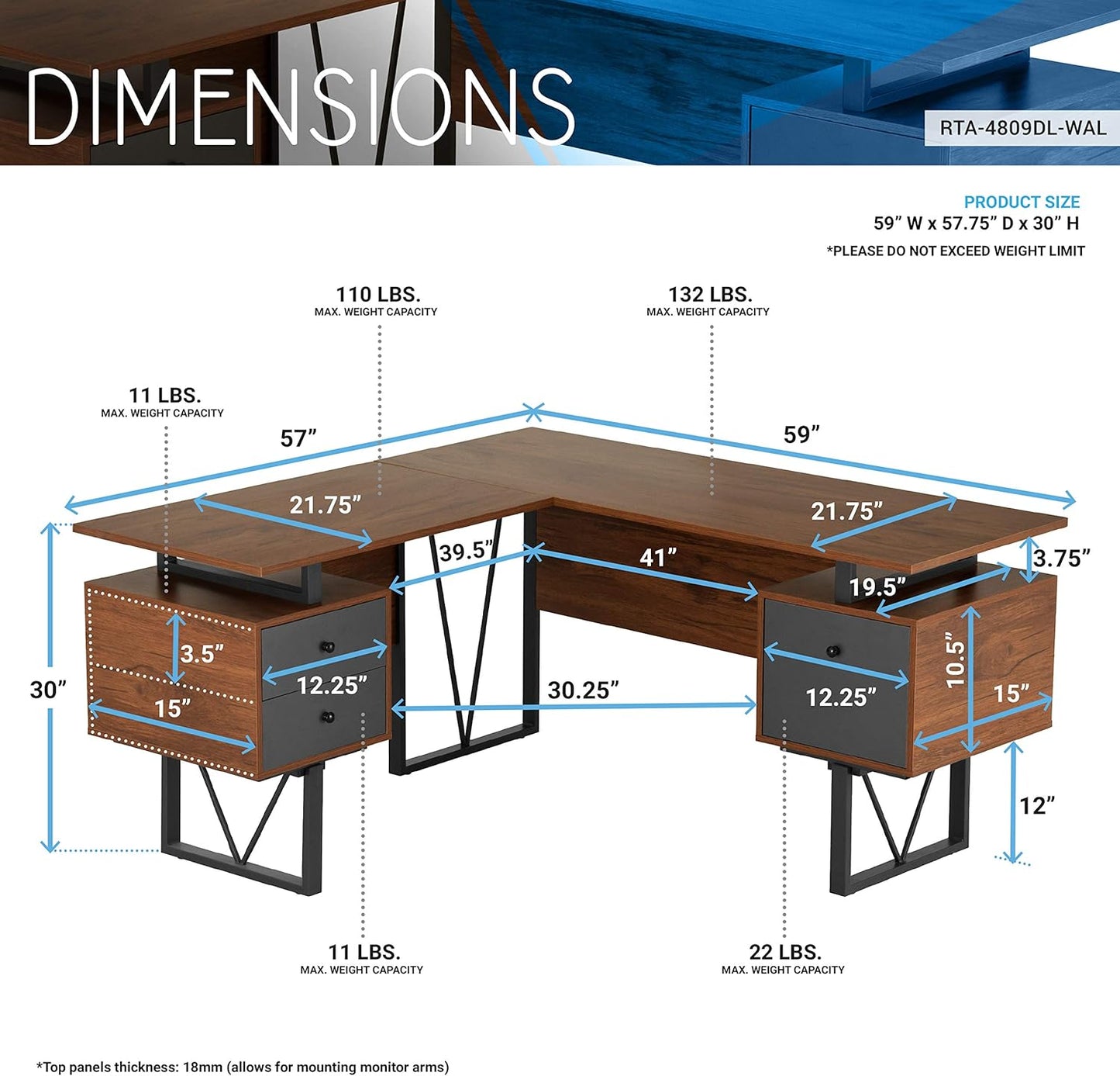 Techni Mobili Reversible L Shaped Desk with File Cabinet and Drawers 59” W – Modern Versatile L Shaped Office Desk with Drawers and File Cabinet - Brown