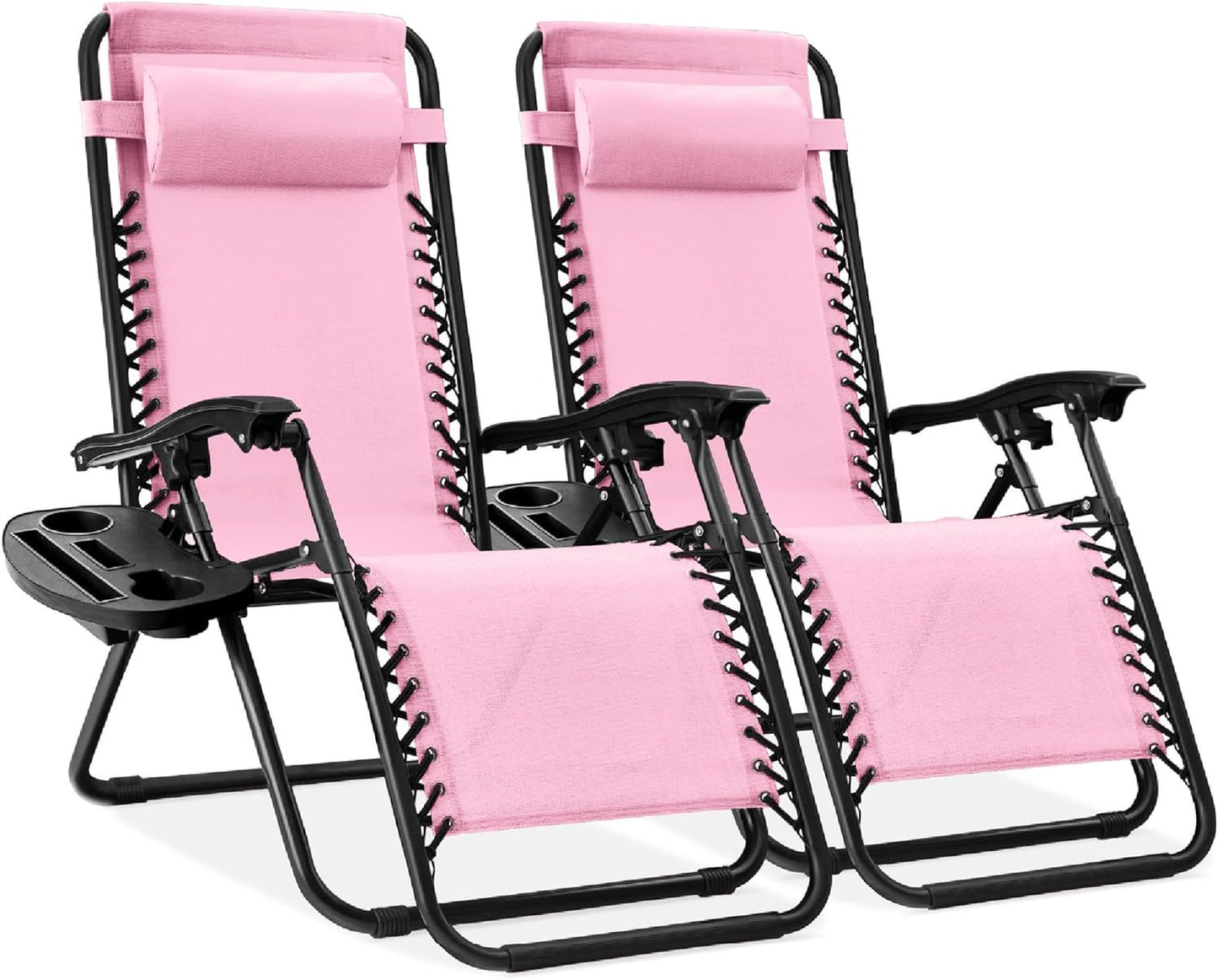 Best Choice Products Set of 2 Adjustable Steel Mesh Zero Gravity Lounge Chair Recliners w/Pillows and Cup Holder Trays - Black
